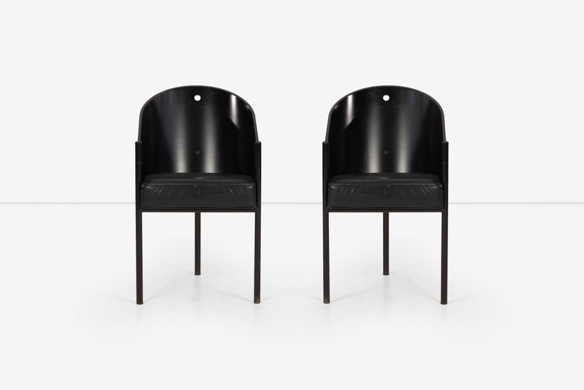 Pair of Philippe Starck Costes Chairs for Driade Aleph 1982
Enameled steel legs, lacquered curved wood back, and leather seat
Dimensions:
31½