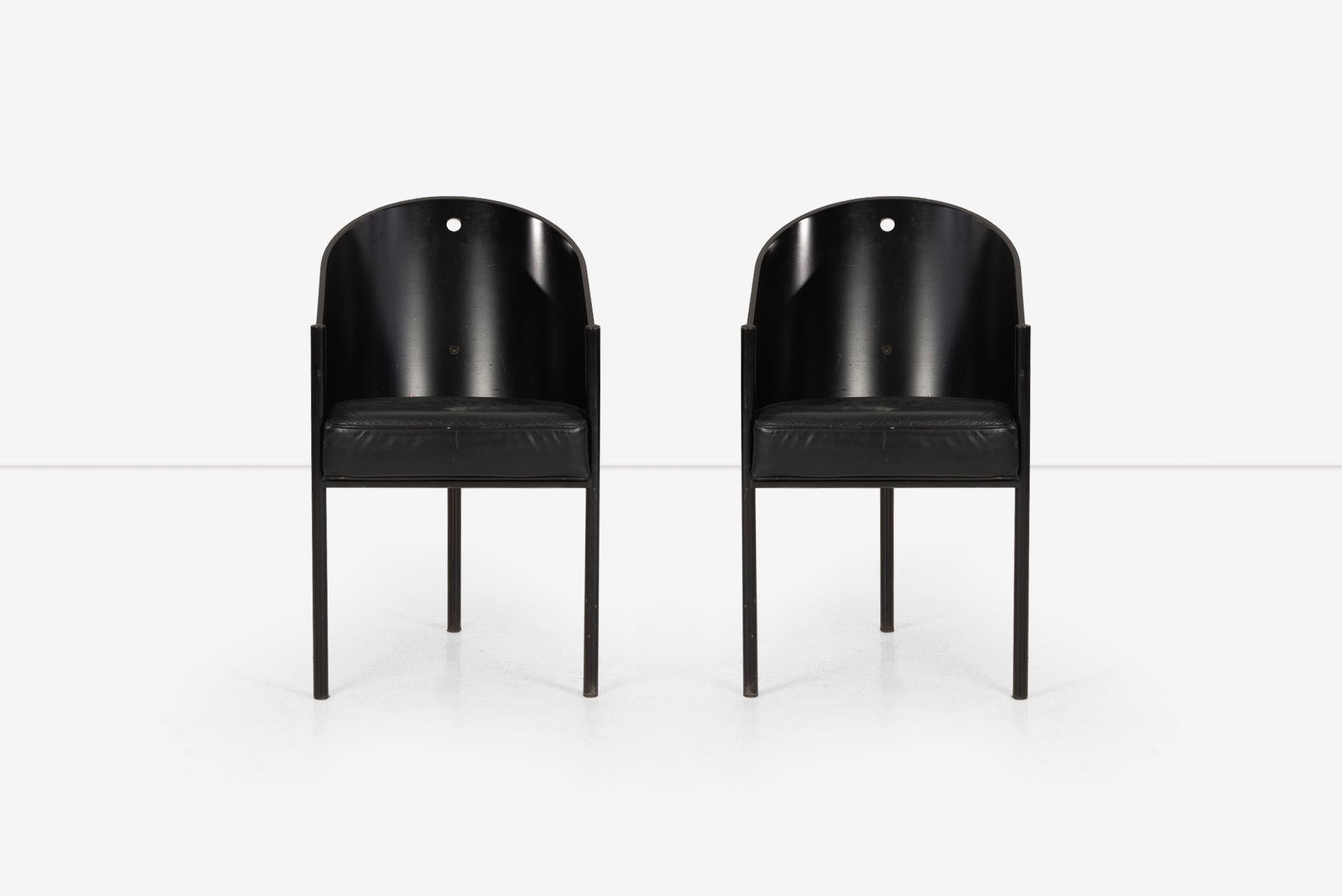 Coppia di sedie Costes di Philippe Starck per Driade Aleph 1982
Gambe in acciaio smaltato, schienale in legno curvato laccato e seduta in pelle
Dimensioni:
31½