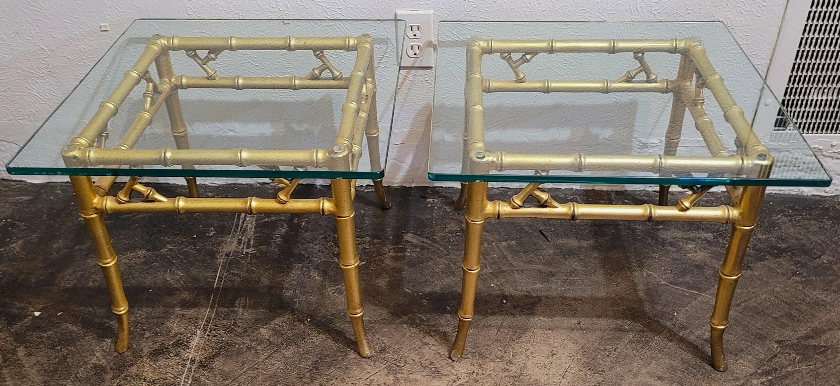 Presenting a fabulous pair of Phyllis Morris faux bamboo gold side tables.

These side tables, although unsigned or marked, have been attributed to the famous American mid century Designer, Phyllis Morris.

Made circa 1960 – 70.

The bases are