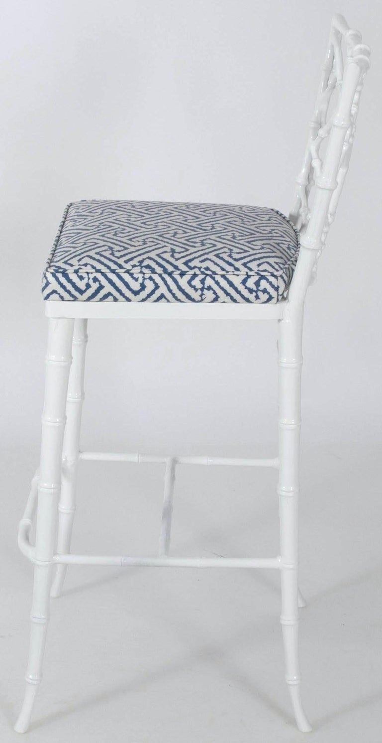 Pair of Phyllis Morris White Metal Faux Bamboo Tall Barstools at