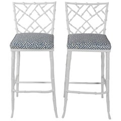 Pair of Phyllis Morris White Metal Faux Bamboo Tall Barstools