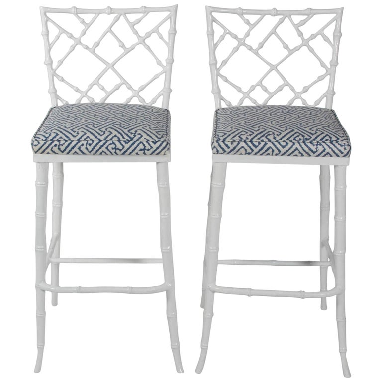 Pair of Phyllis Morris White Metal Faux Bamboo Tall Barstools at