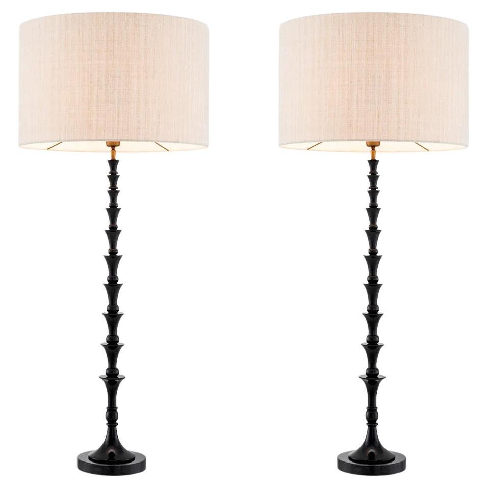 Pair of Piano Black Lacquered Table Lamps with Black Granite Base.