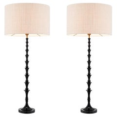 Pair of Piano Black Lacquered Table Lamps with Black Granite Base.