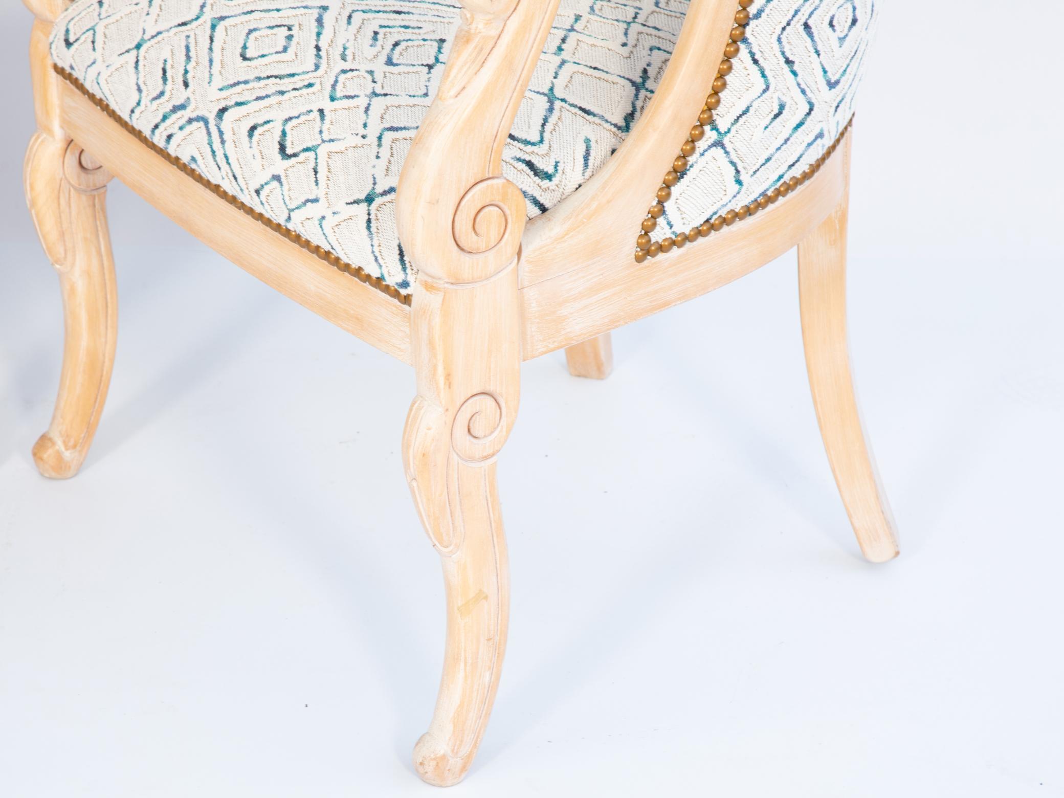 Pair of Pickled Wood Tub Chairs with Carved Swan Neck Arms For Sale 4