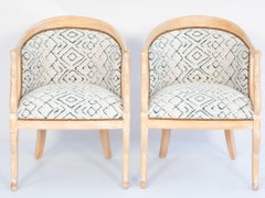 Pair of Pickled Wood Tub Chairs with Carved Swan Neck Arms