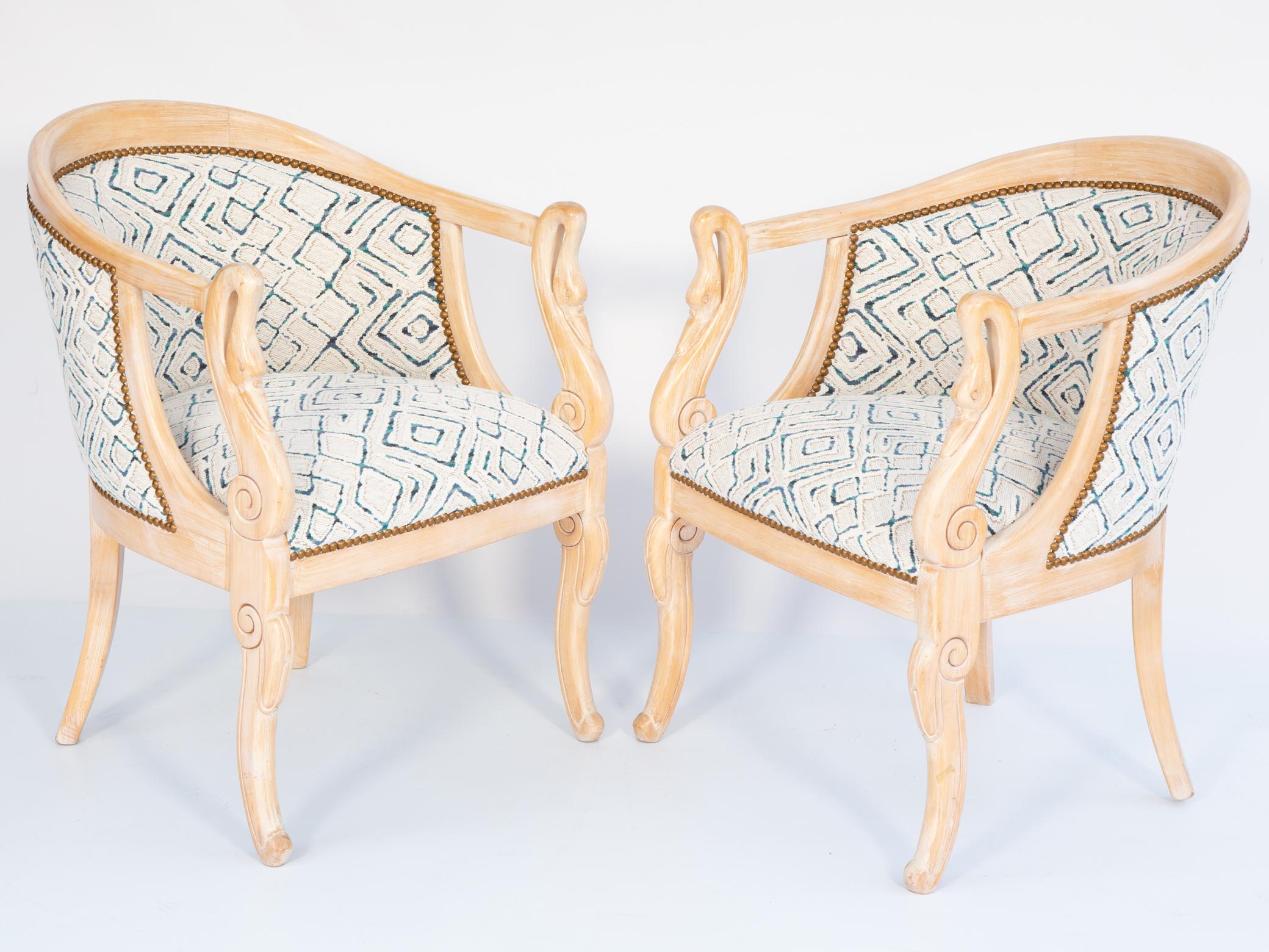 Mid-20th Century Pair of Pickled Wood Tub Chairs with Carved Swan Neck Arms For Sale