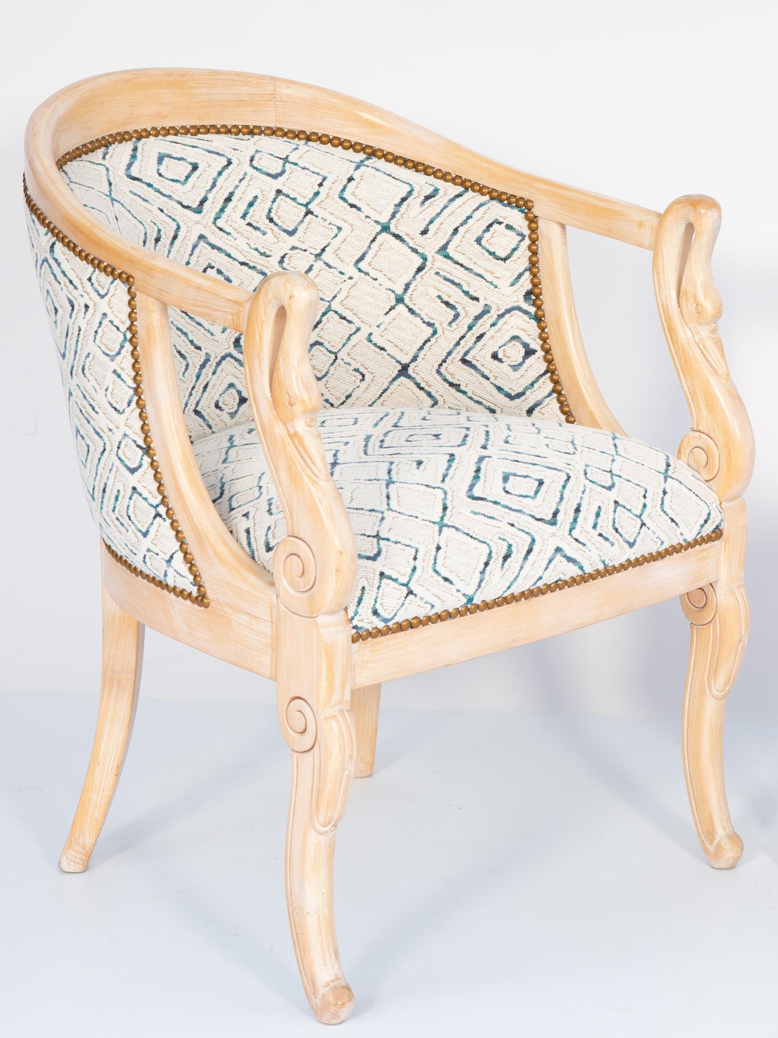 Pair of Pickled Wood Tub Chairs with Carved Swan Neck Arms For Sale 1