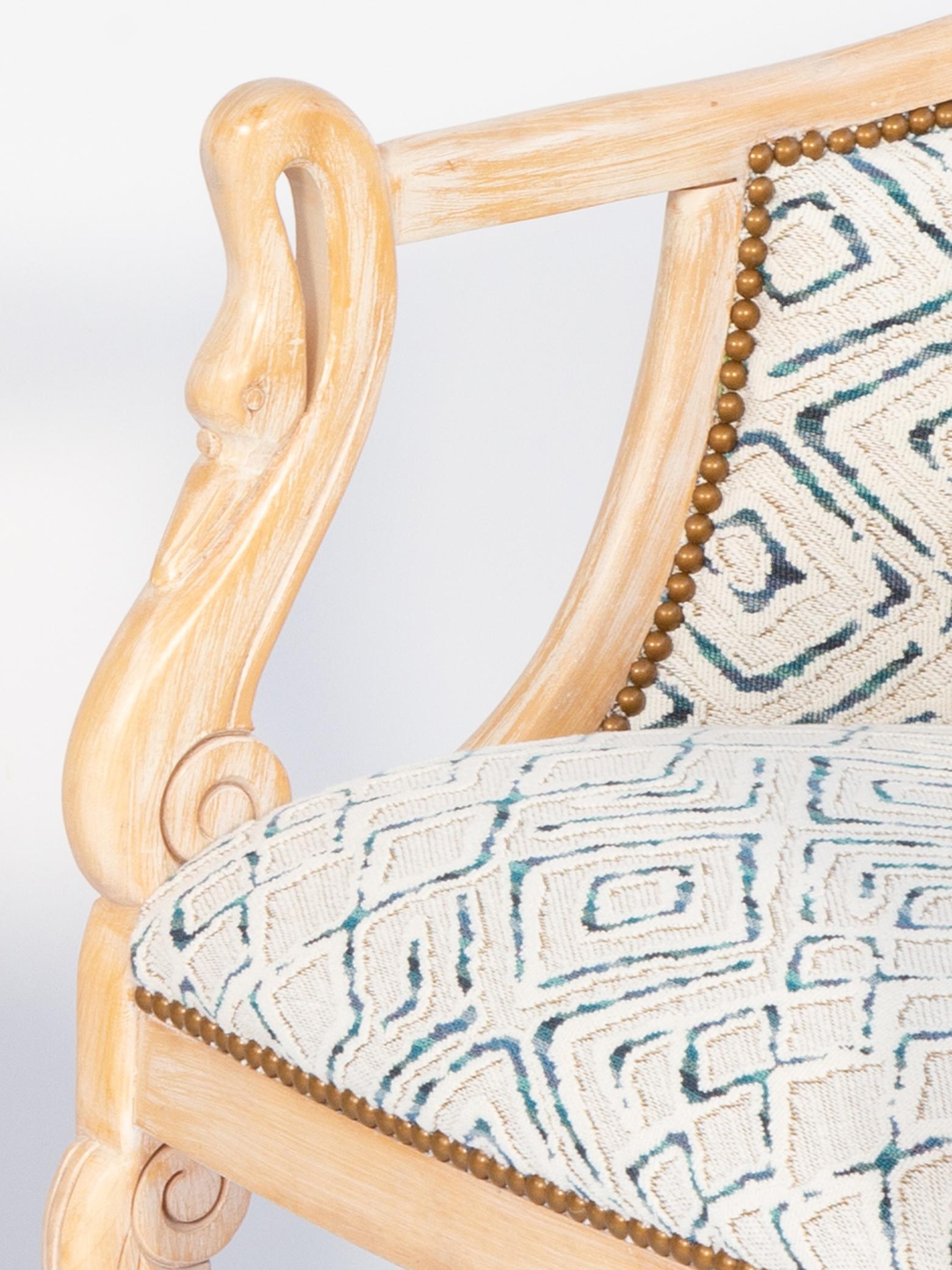 Pair of Pickled Wood Tub Chairs with Carved Swan Neck Arms For Sale 2