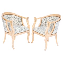 Pair of Pickled Wood Tub Chairs with Carved Swan Neck Arms