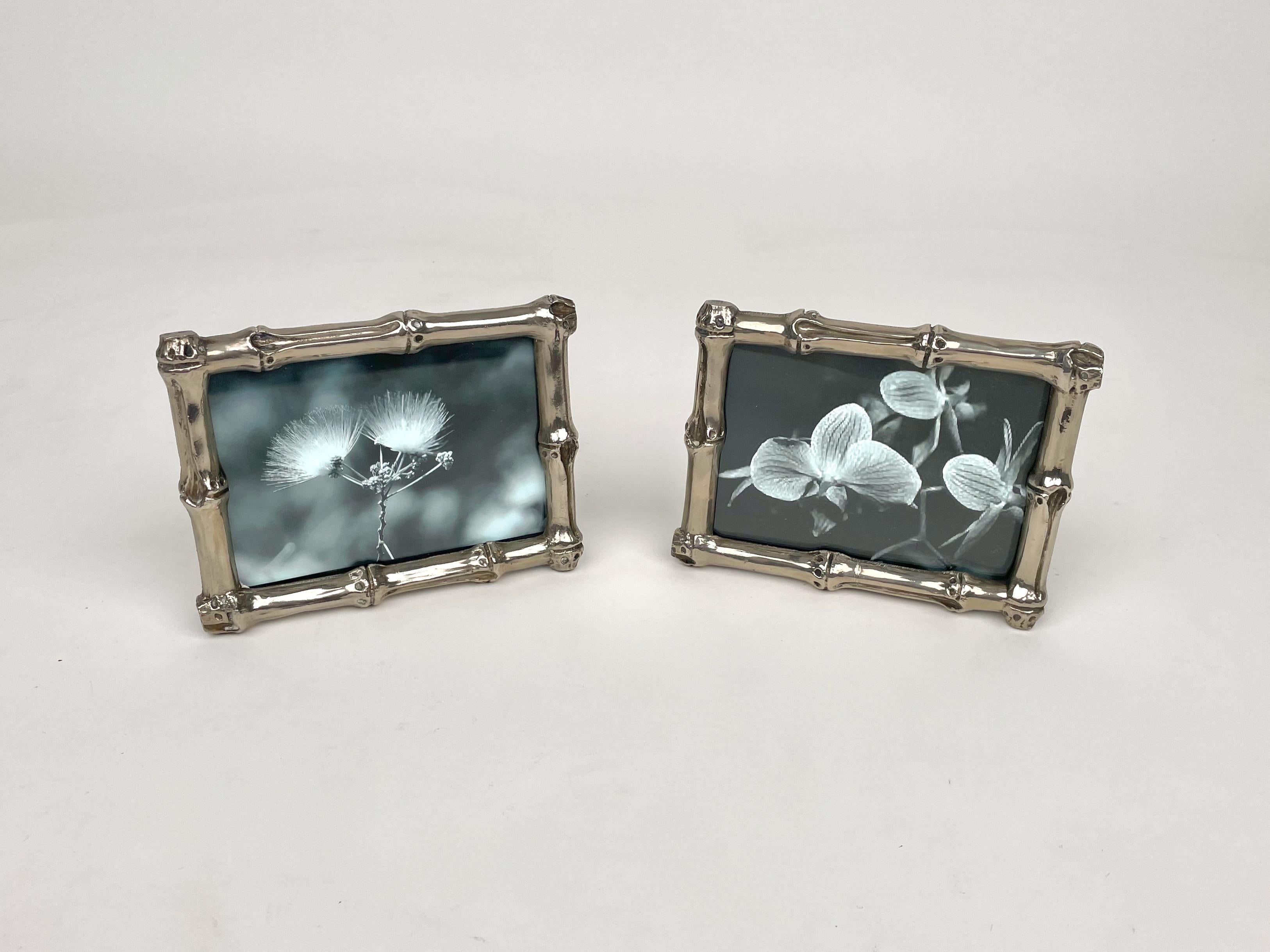 Mid-Century Modern Pair of Picture Frame in Faux Bamboo Silvered Copper, Italy, 1970s For Sale