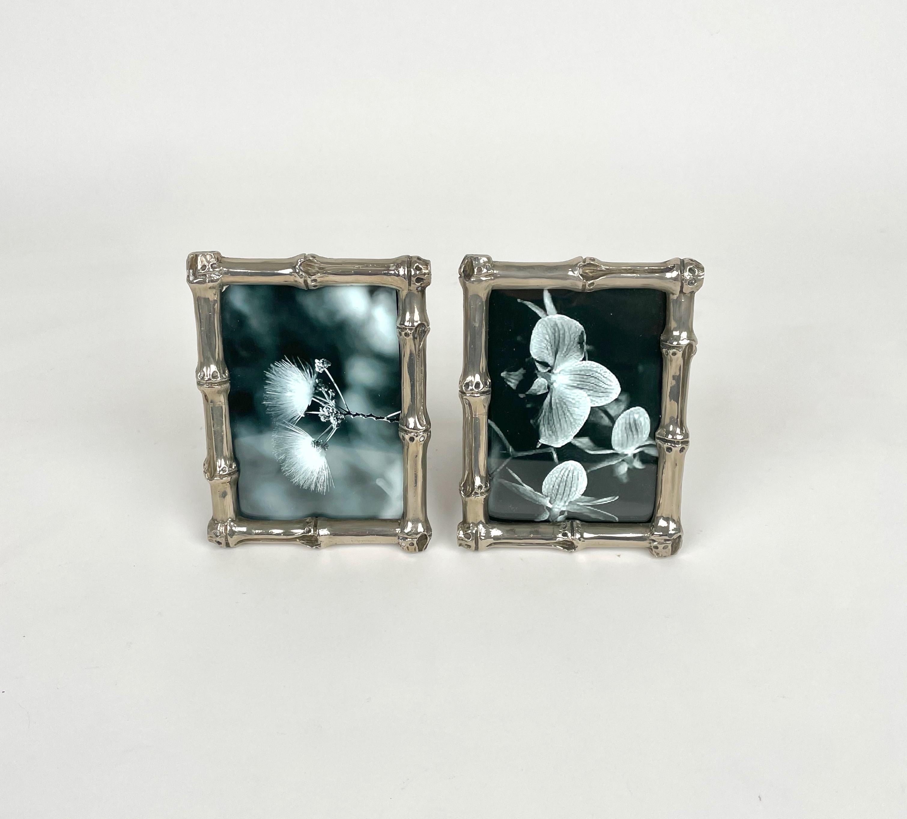 Late 20th Century Pair of Picture Frame in Faux Bamboo Silvered Copper, Italy, 1970s For Sale