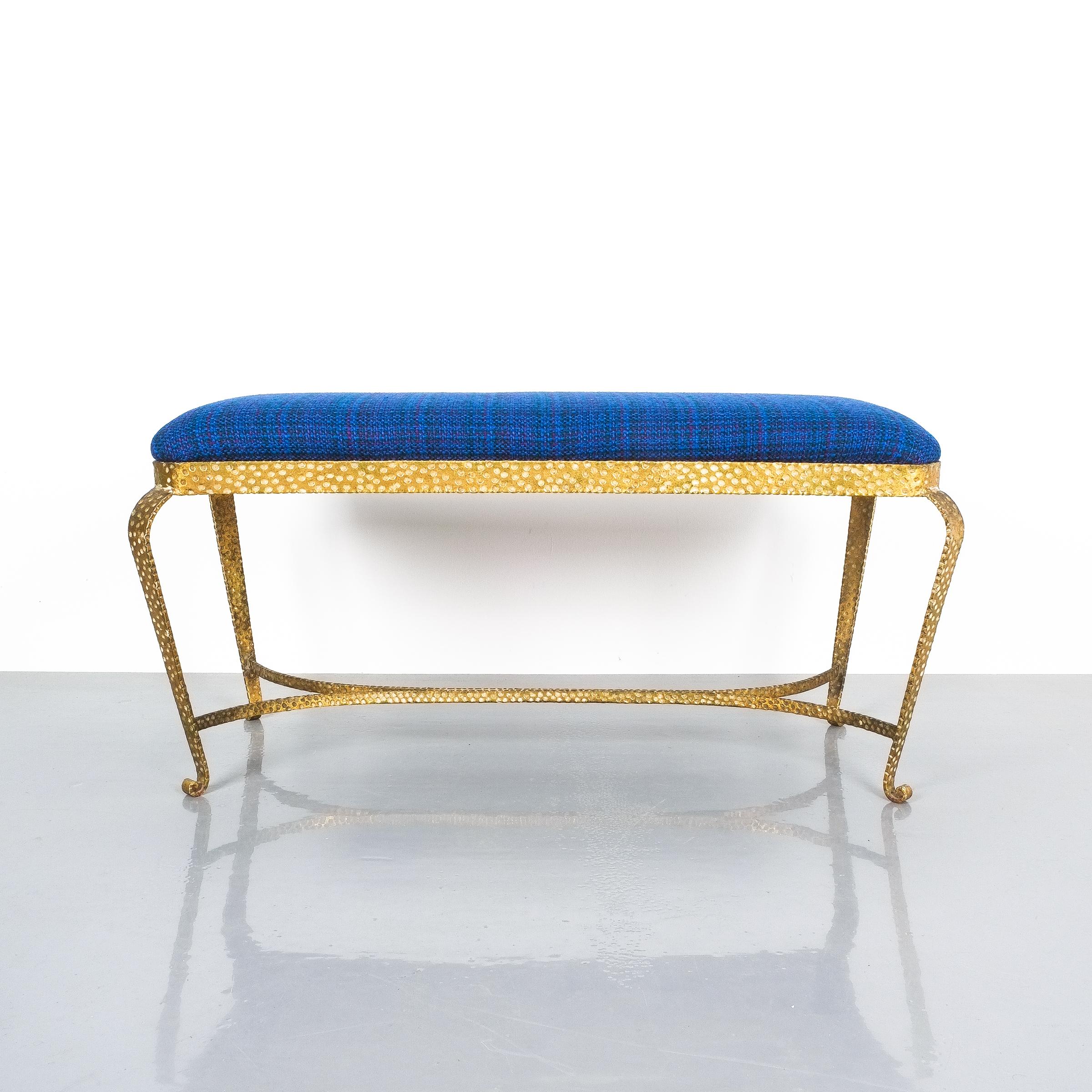 Pier Luigi Colli gold iron bench, blue fabric, Italy, 1950. large 34