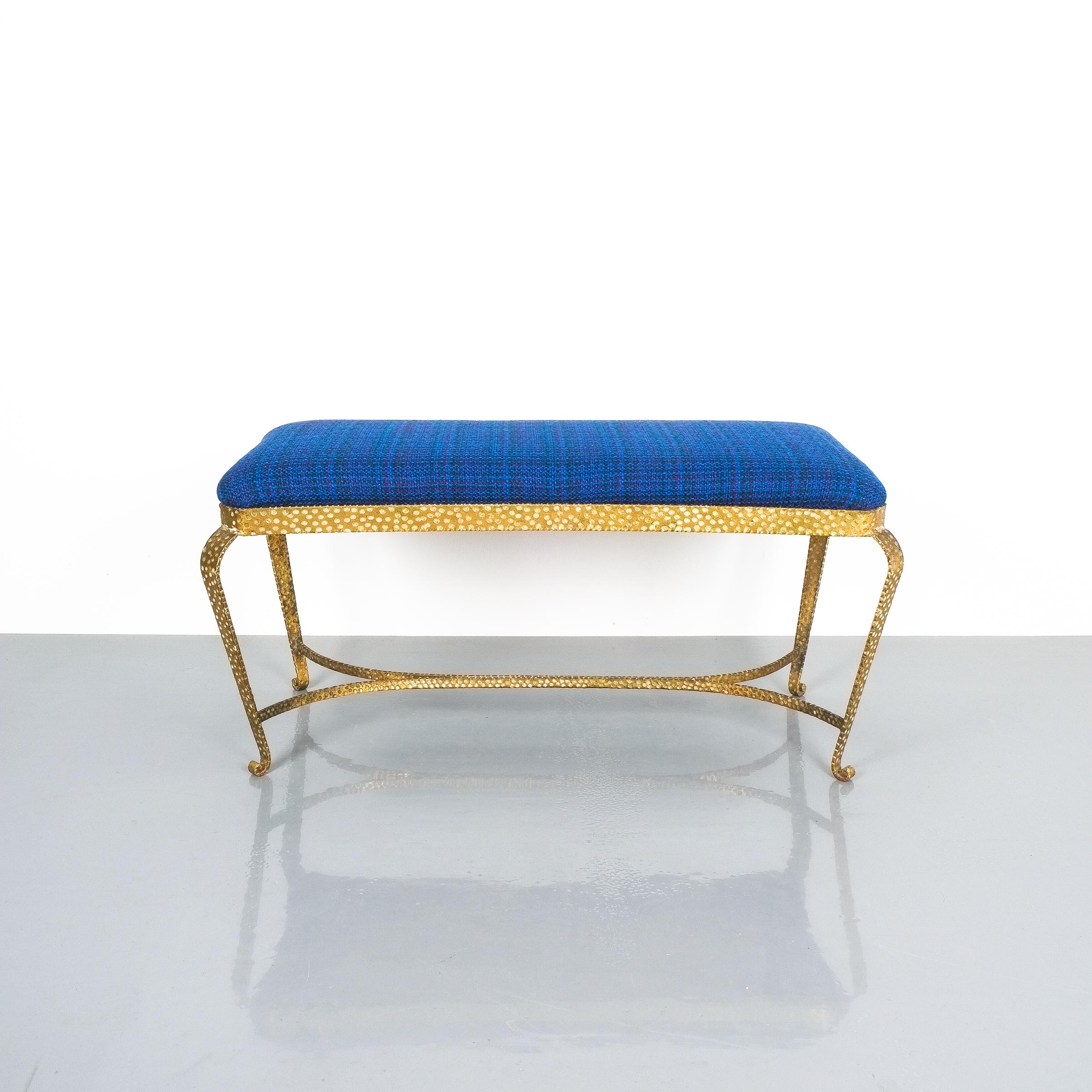 Mid-Century Modern Pair of Pier Luigi Colli Gold Iron Bedroom Benches Blue Fabric, Italy, 1950