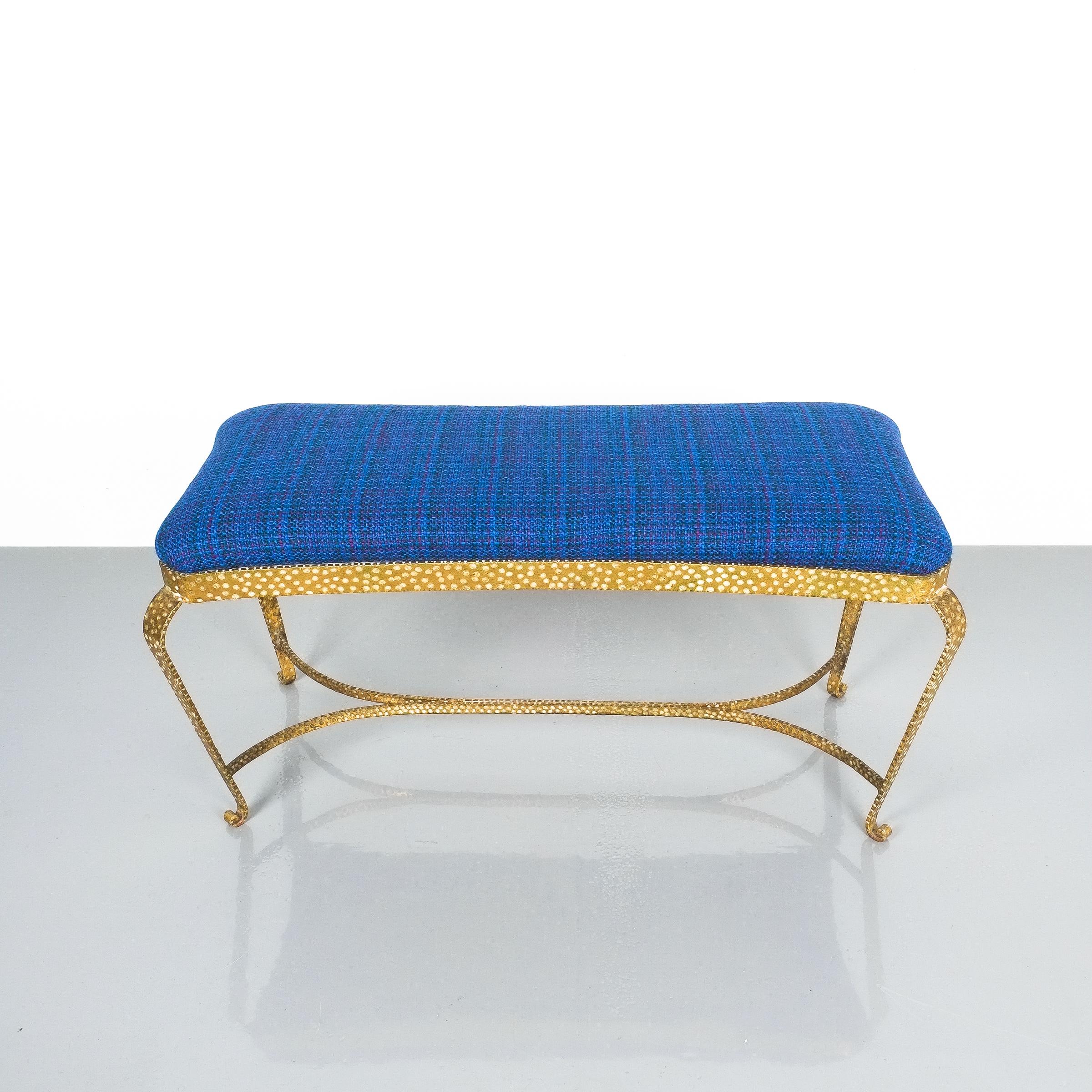Italian Pair of Pier Luigi Colli Gold Iron Bedroom Benches Blue Fabric, Italy, 1950