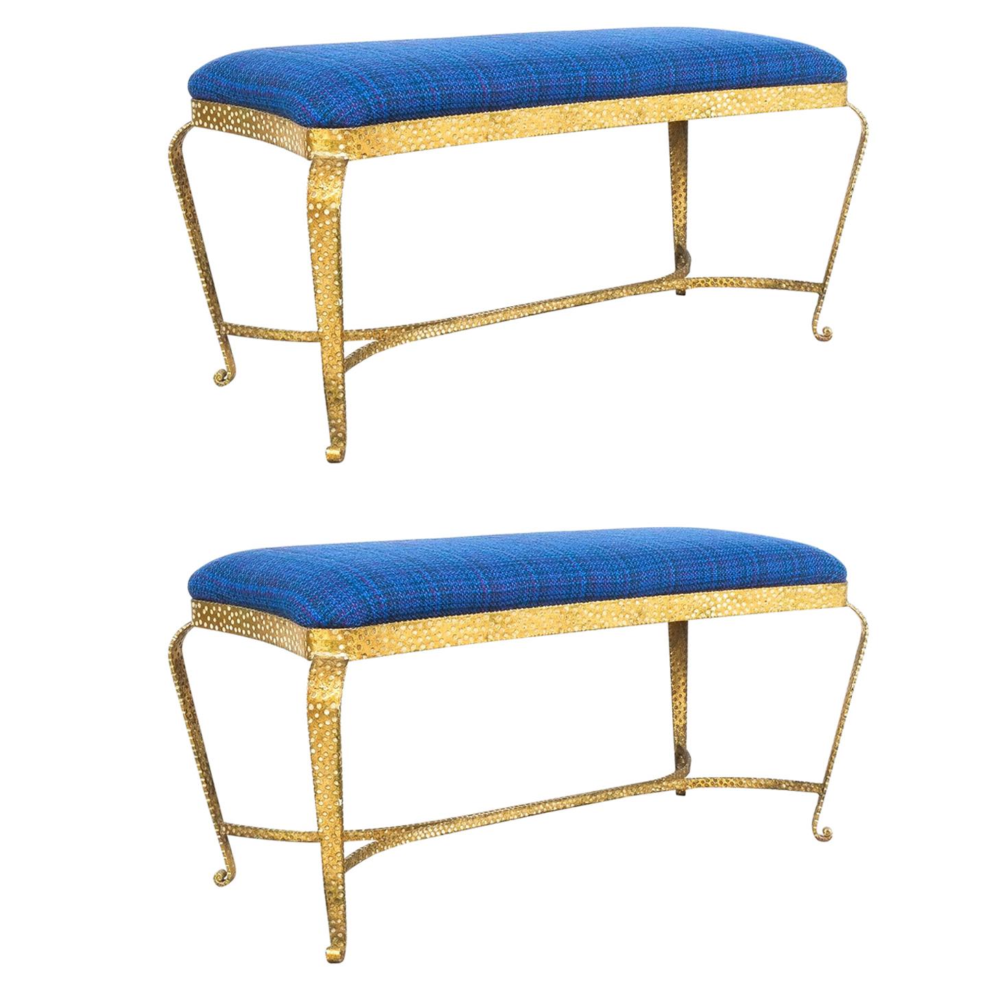 Pair of Pier Luigi Colli Gold Iron Bedroom Benches Blue Fabric, Italy, 1950