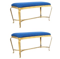 Pair of Pier Luigi Colli Gold Iron Bedroom Benches Blue Fabric, Italy, 1950