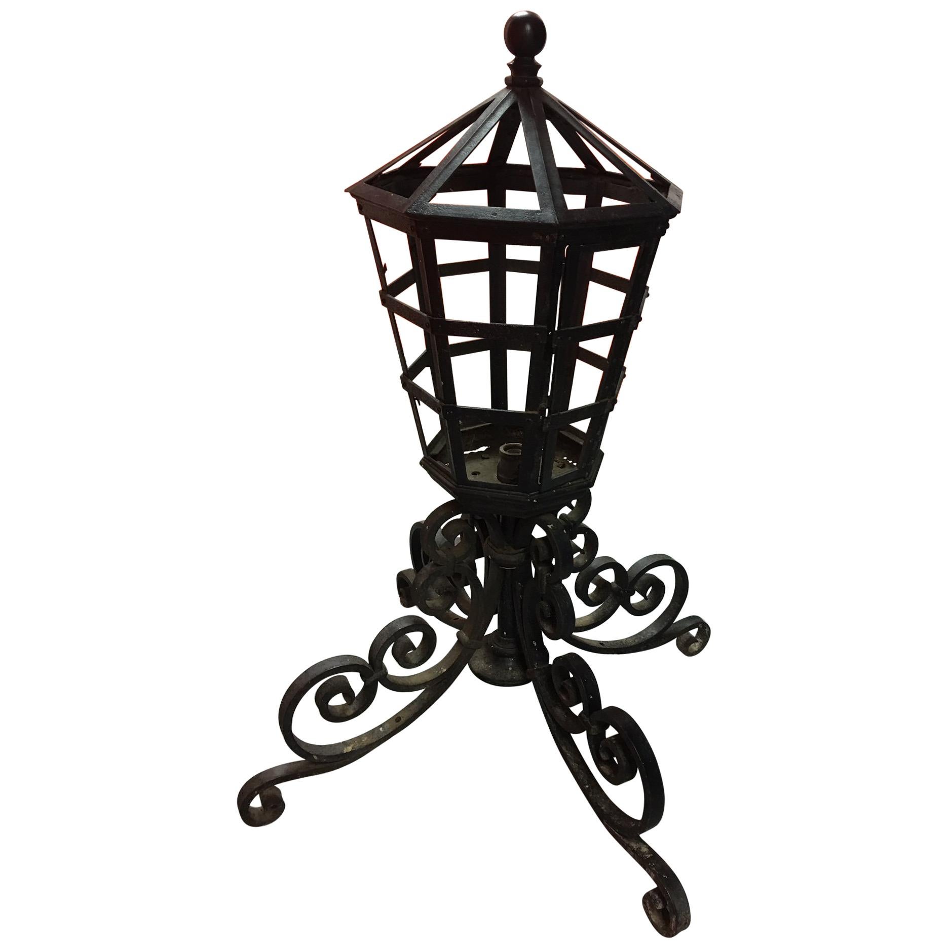 Pair of Pier Mount Iron Lights Adorned with Scrolls on Four Legs, 20th Century