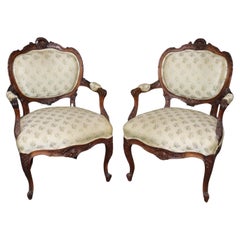 Antique Pair of Pierce Carved French Louis XV Walnut Salon parlor Chairs Circa 1870