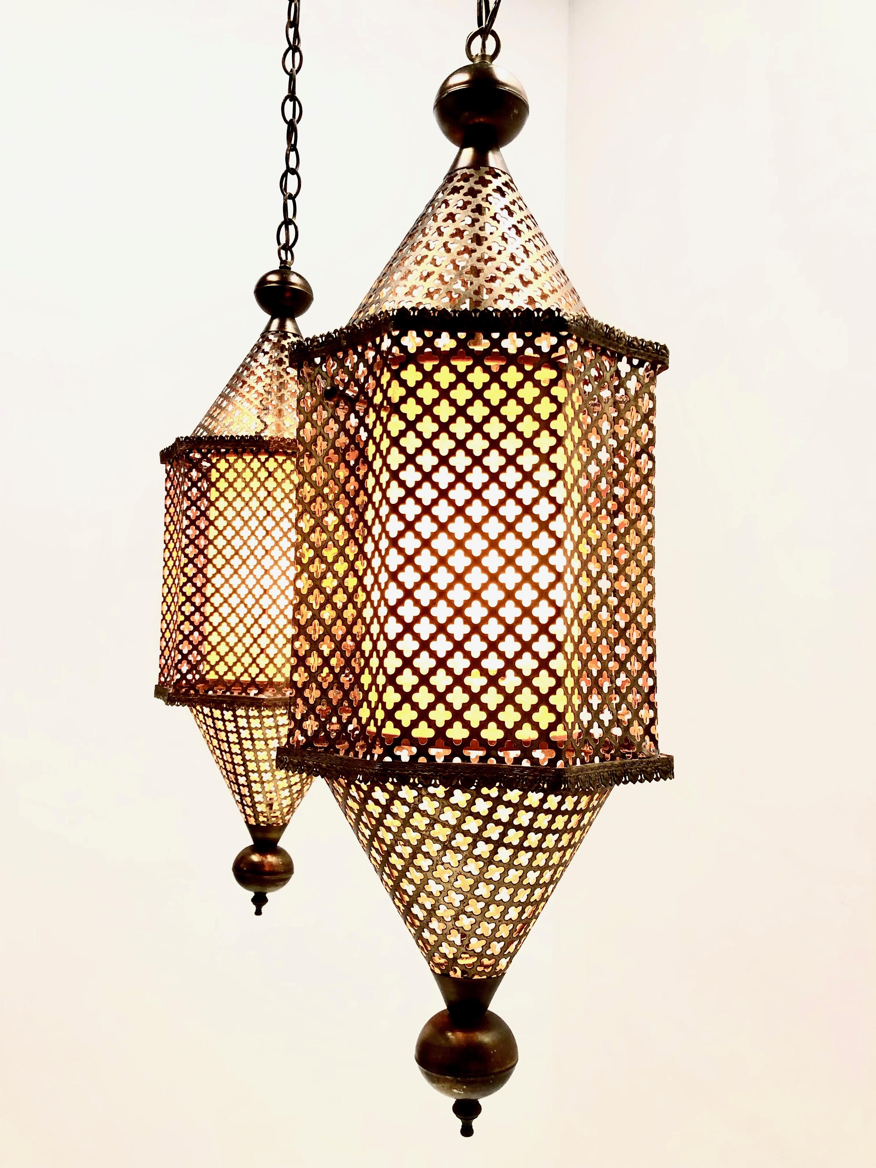 Mid-Century Modern Pair of Pierced Brass Moroccan Pendants