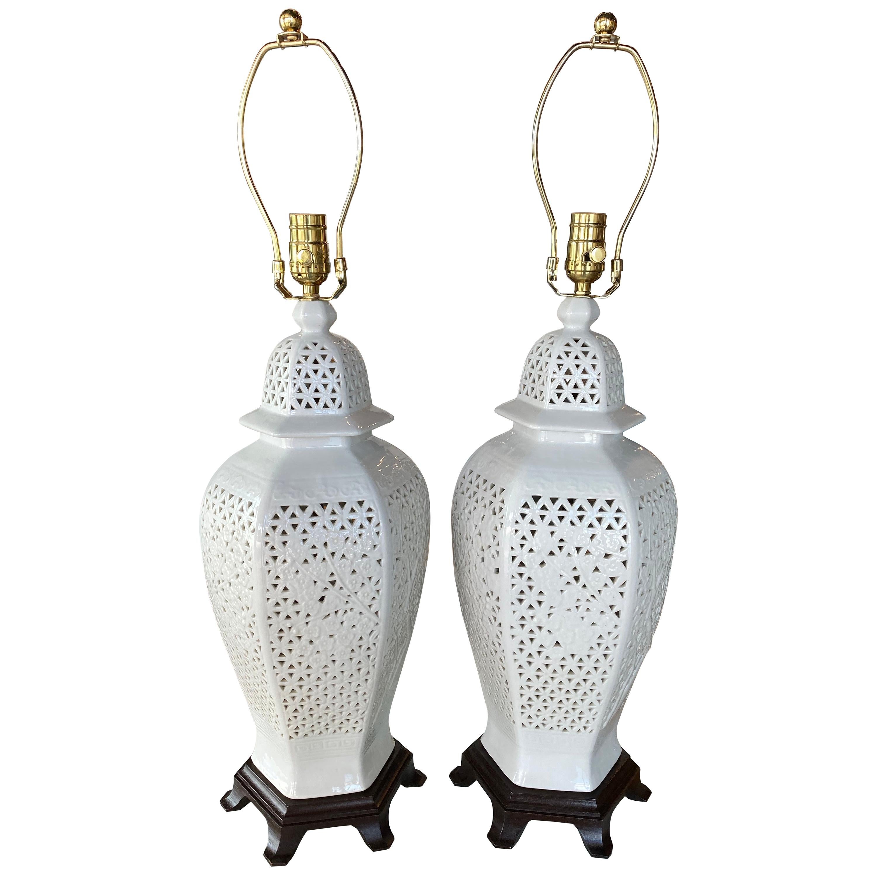 Pair Of Pierced Chine De Blanc Ceramic, White Ceramic Ginger Jar Table Lamp