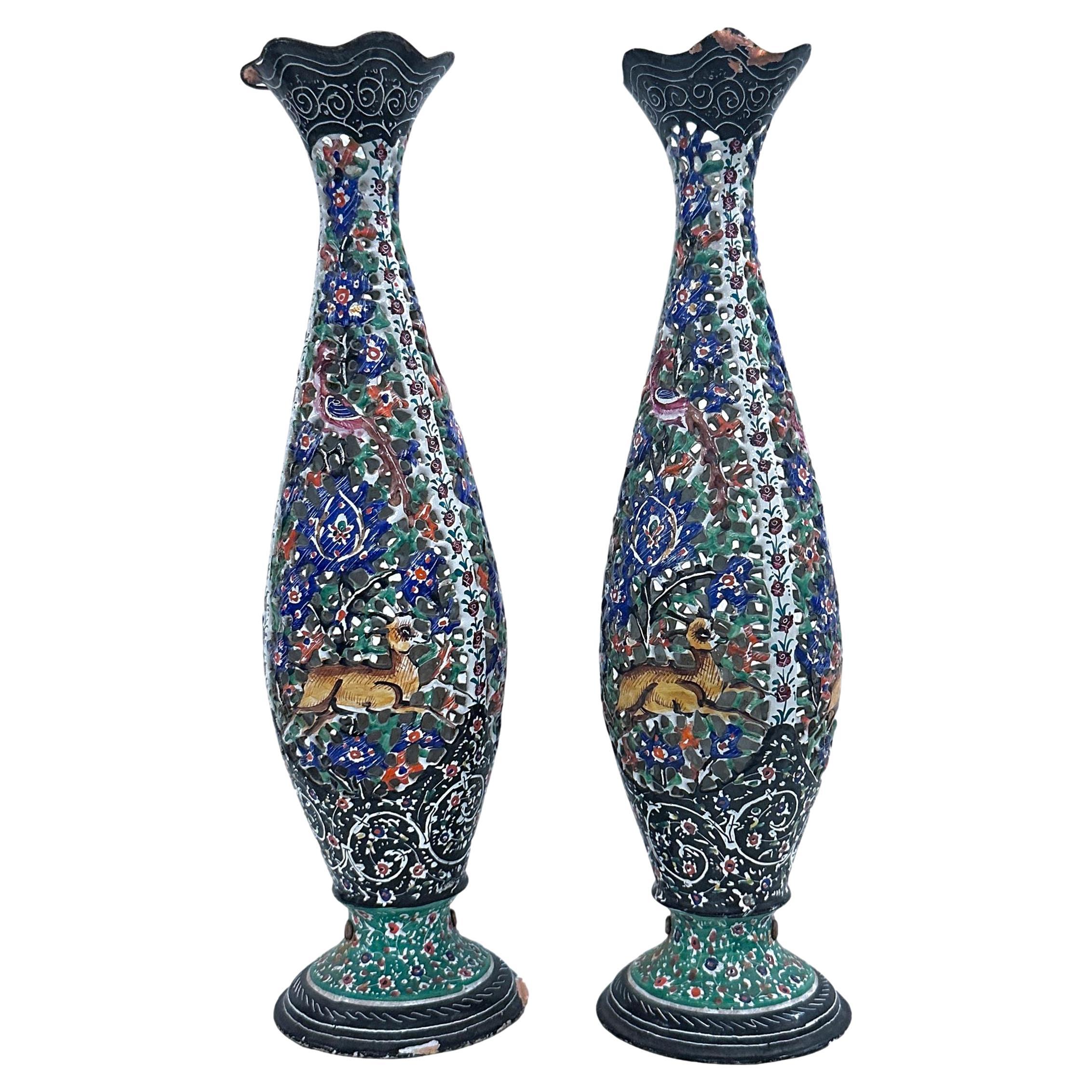Pair of Pierced Enamel Table Lamps For Sale