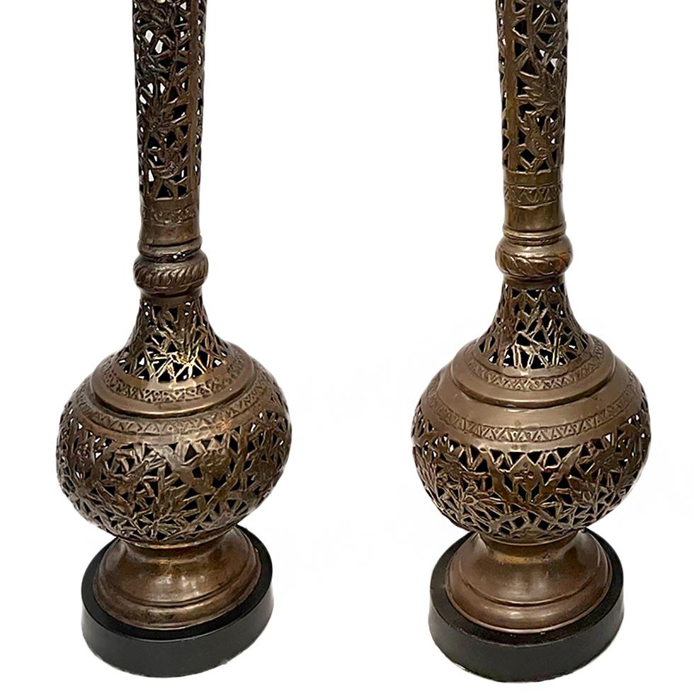 Patinated Pair of Pierced Moroccan Lamps For Sale