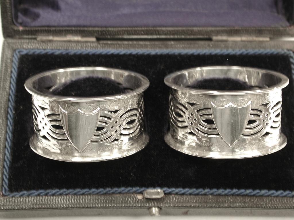 Pair of Pierced Silver Napkin Rings in Fitted Box, William Aitkin, 1903
Assayed in Birmingham, and retailed by Lloyd,Payne and Amiel of Manchester.