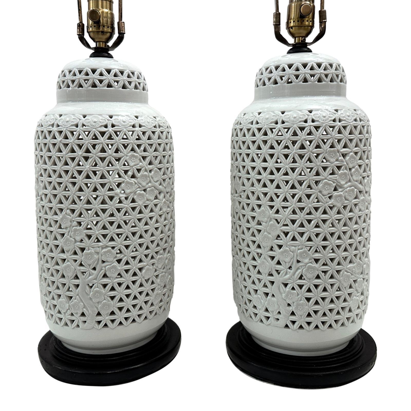 Mid-20th Century Pair of Pierced White Porcelain Lamps For Sale