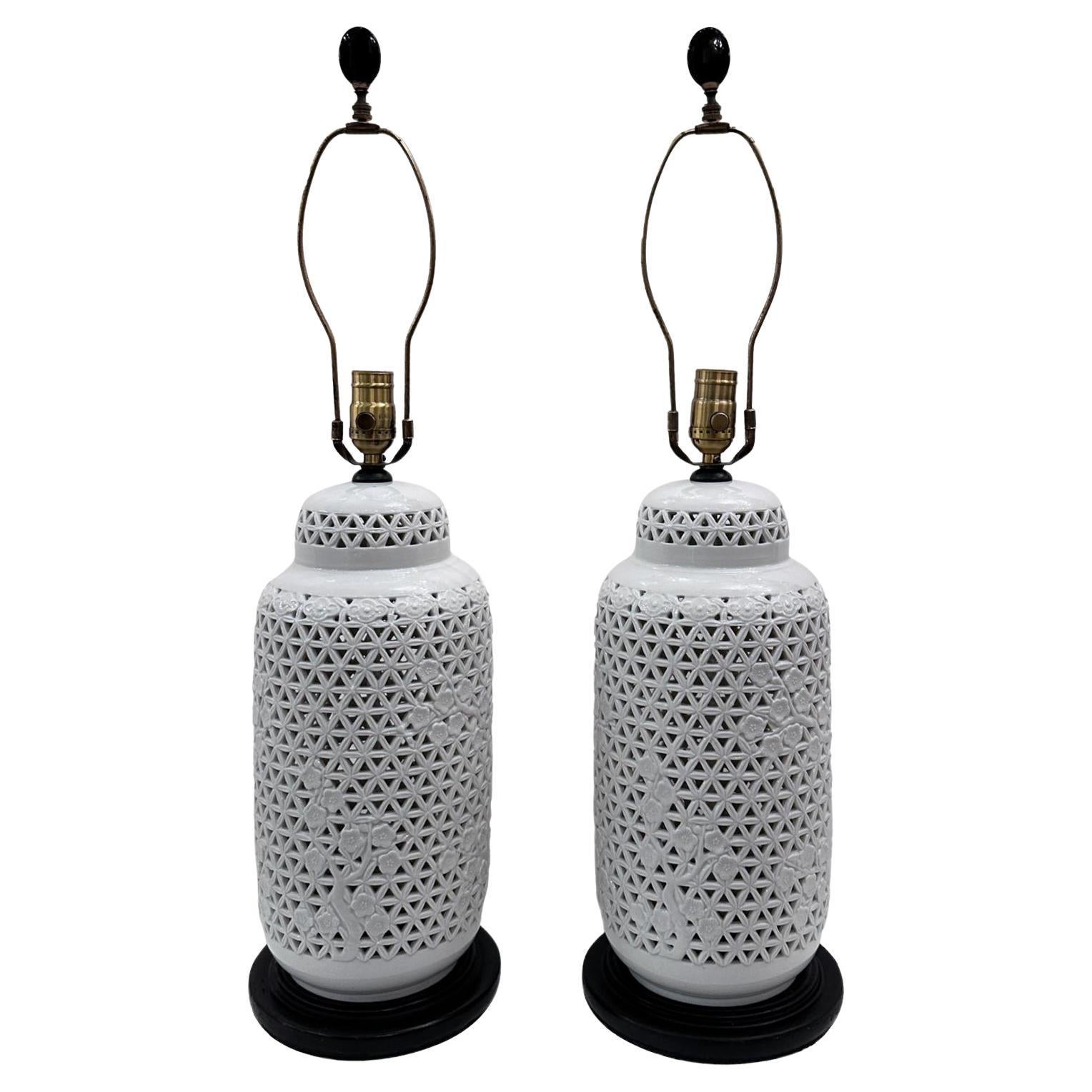 Pair of Pierced White Porcelain Lamps For Sale
