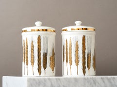 Pair of Piero Fornasetti Vintage Gilded Ceramic Jars 'Serie Spighe', Italy 1960s