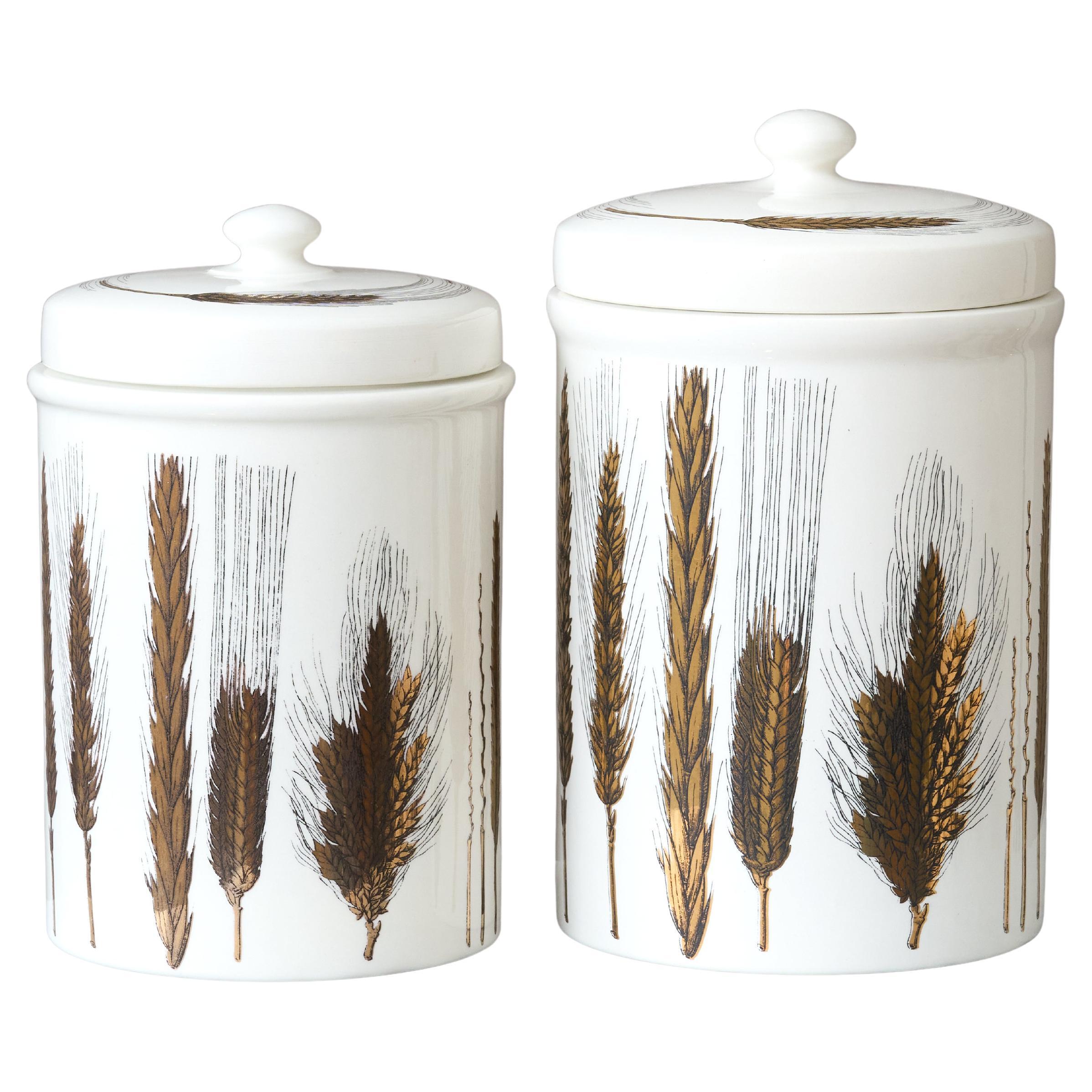 Paire de jarres en céramique dorée Vintage Piero Fornasetti 'Serie Spighe', Italie 1960s