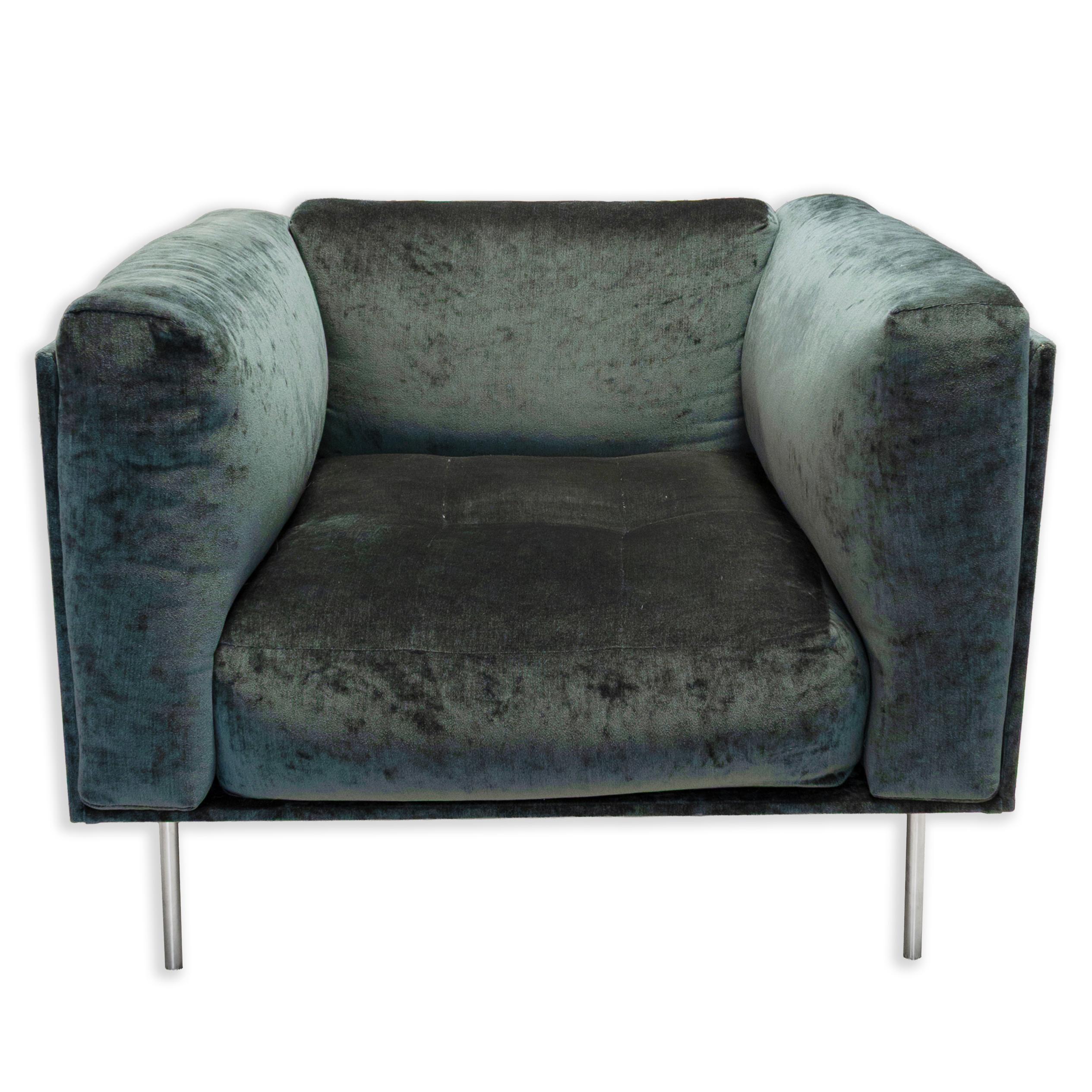 italien Paire de chaises longues en daim bleu et acier 