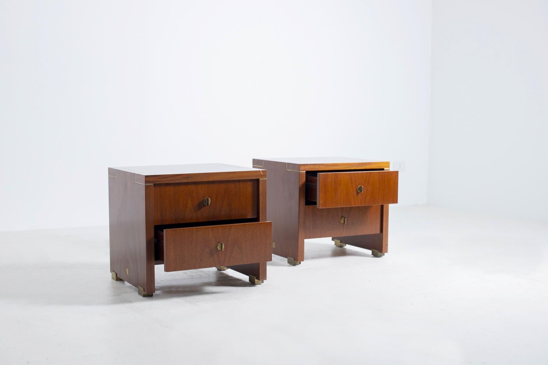 Modern Pair of Pierre Balmain Original French Bedside Tables in Wood and Brass, 1980s