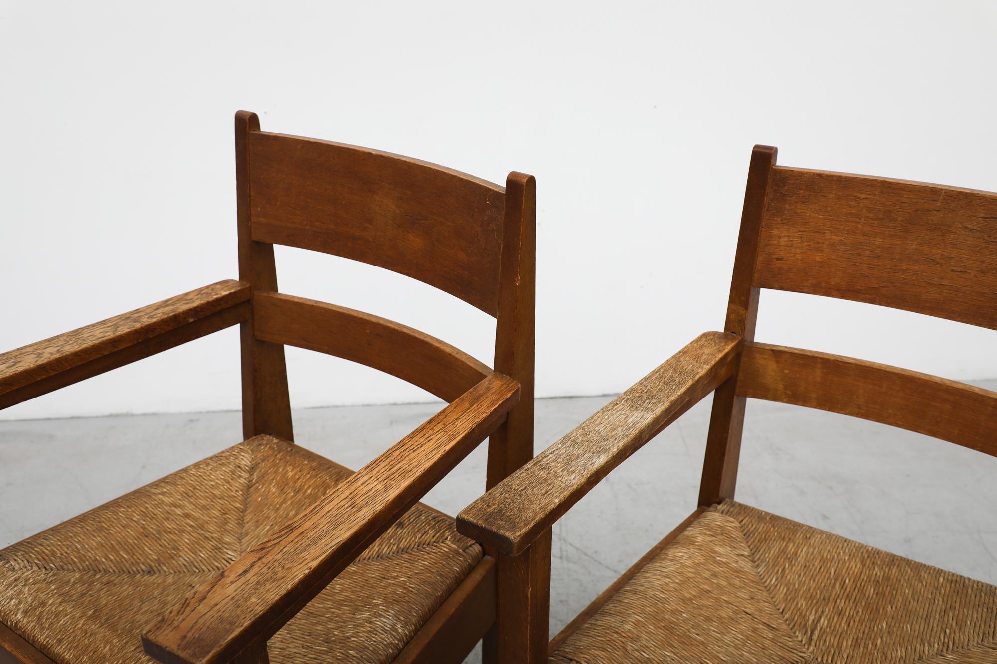 Pair of Heavy and Classic Pierre Chapo Inspired Oak and Rush Armchairs For Sale 4
