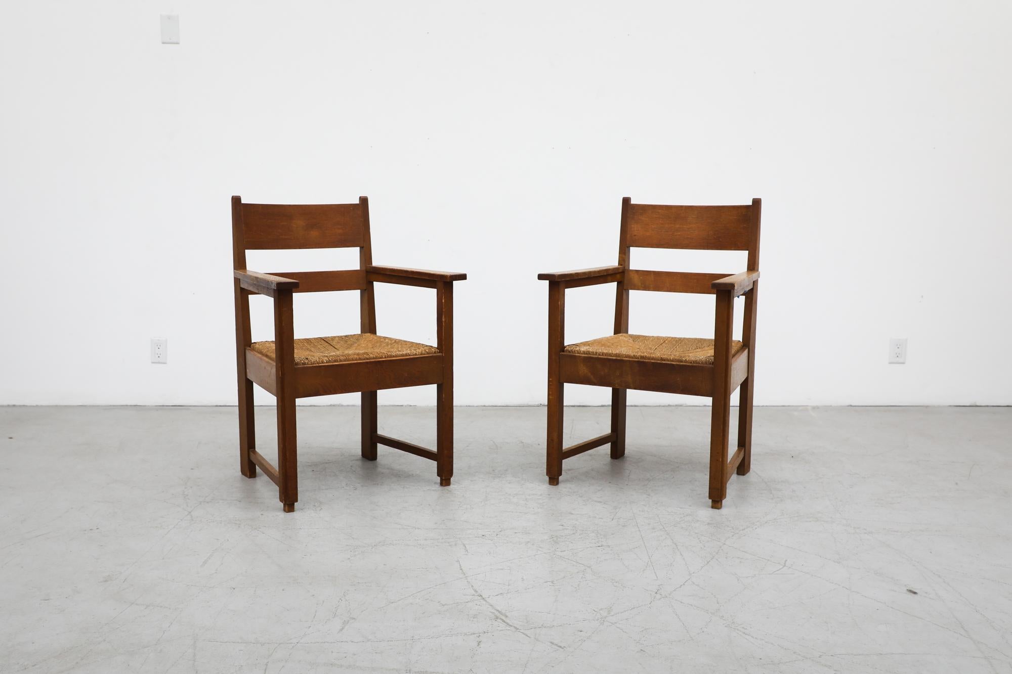 Pair of Heavy and Classic Pierre Chapo Inspired Oak and Rush Armchairs For Sale 14
