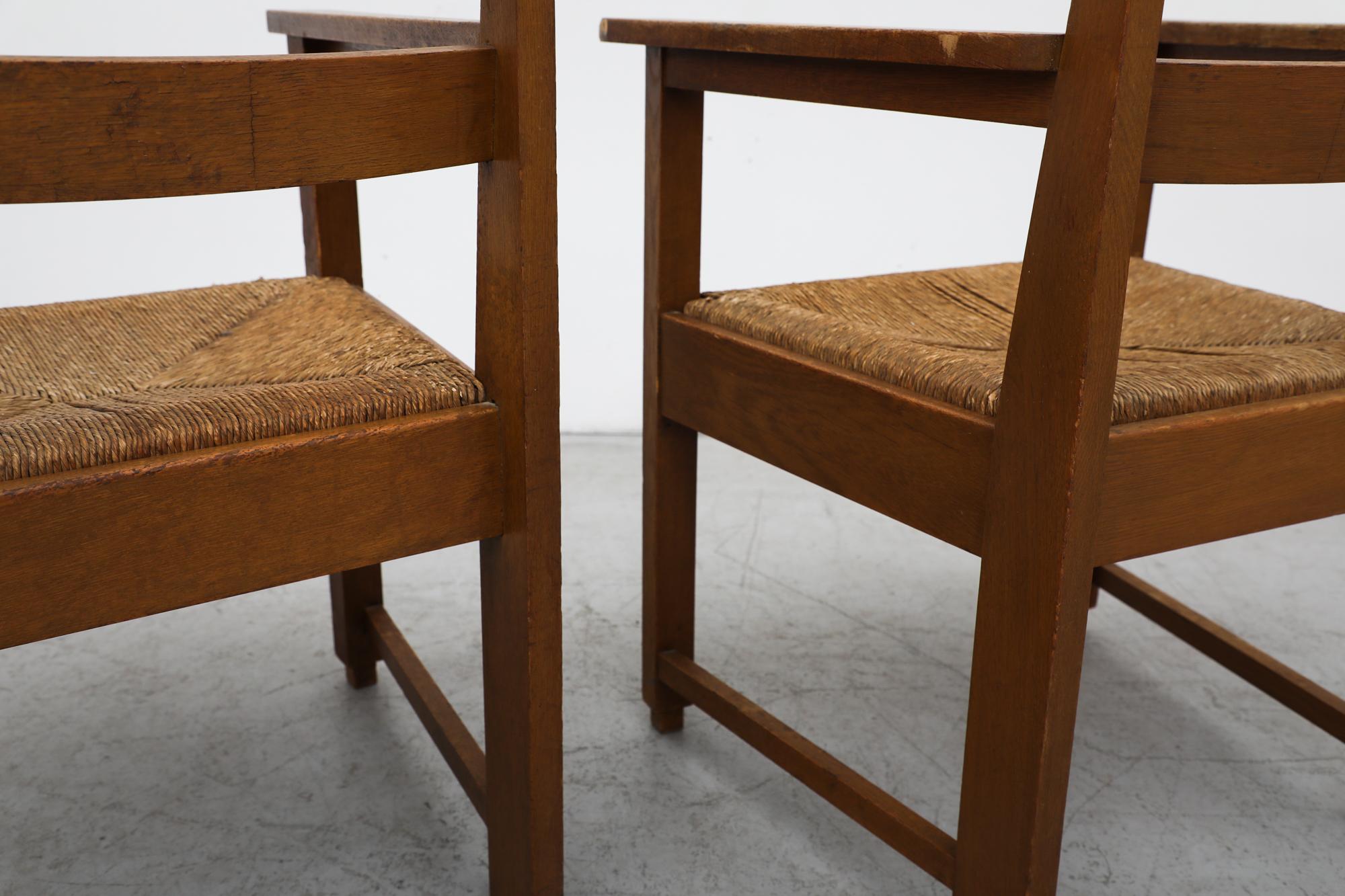 Pair of Heavy and Classic Pierre Chapo Inspired Oak and Rush Armchairs For Sale 3