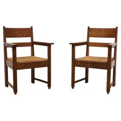 Pair of Heavy and Classic Pierre Chapo Inspired Oak and Rush Armchairs