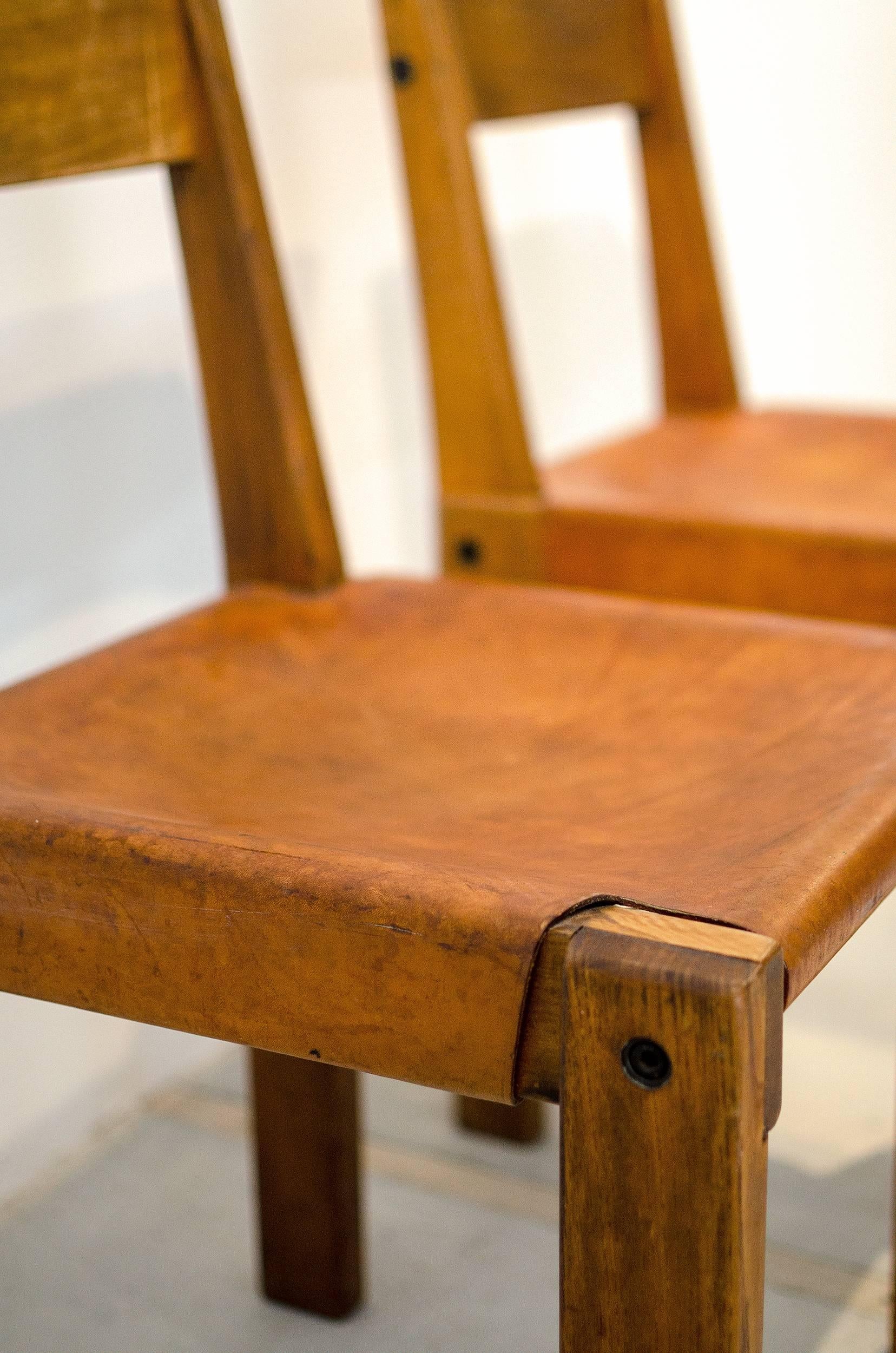 Woodwork Pair of Pierre Chapo Midcentury Elmwood and Leather French Chairs, 1960s
