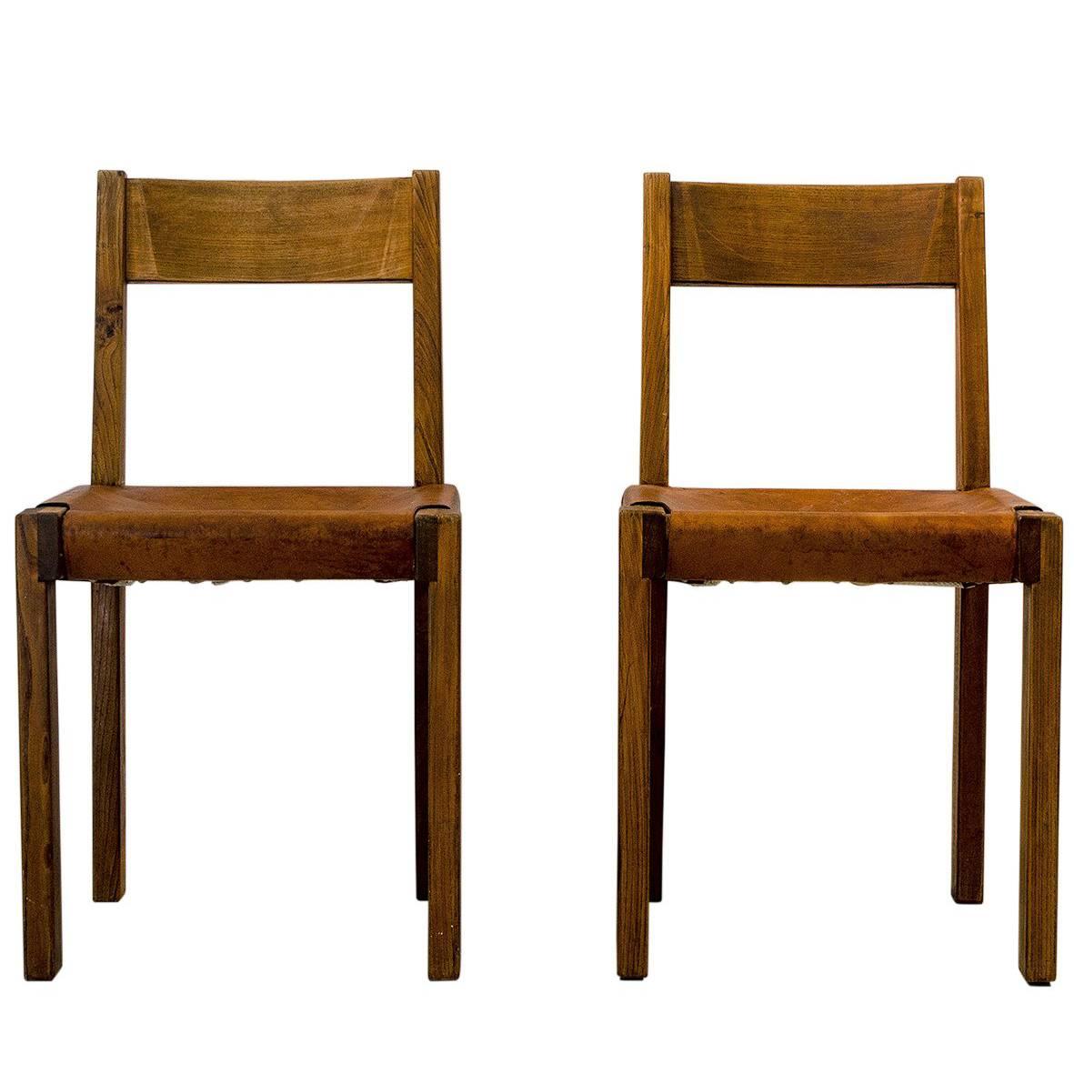 Pair of Pierre Chapo Midcentury Elmwood and Leather French Chairs, 1960s