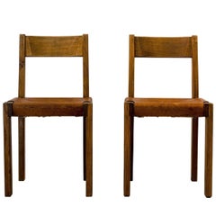 Pair of Pierre Chapo Midcentury Elmwood and Leather French Chairs, 1960s