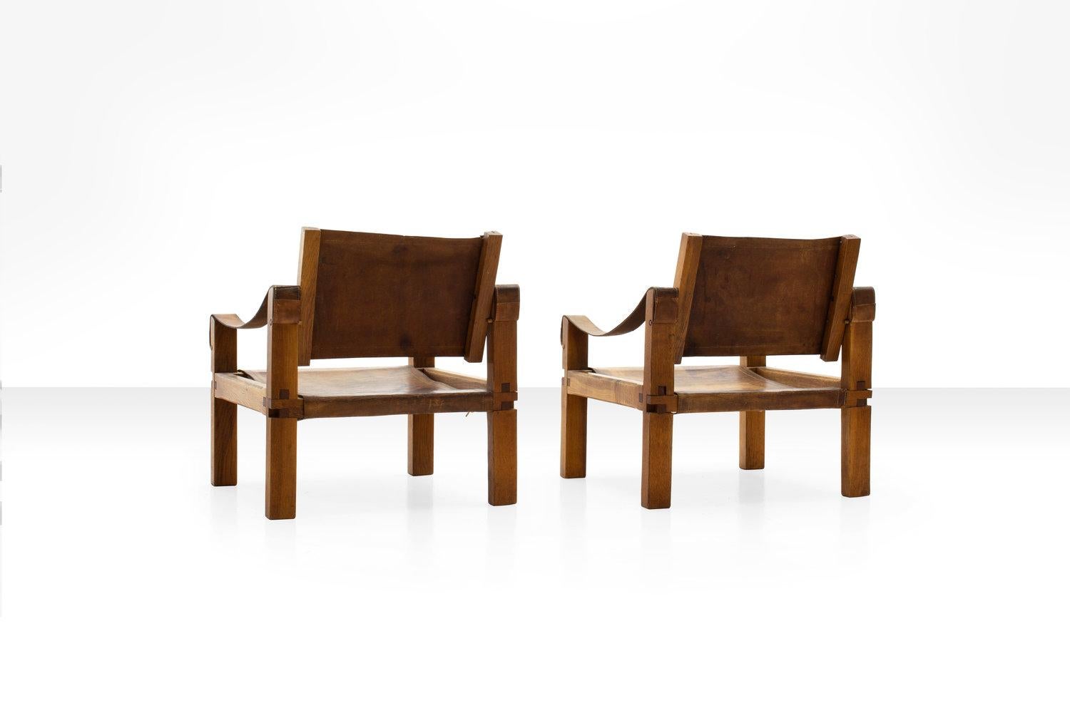 Mid-Century Modern Pair of Pierre Chapo S10 Easy Chairs in Cognac Leather and Oak, France 1960s