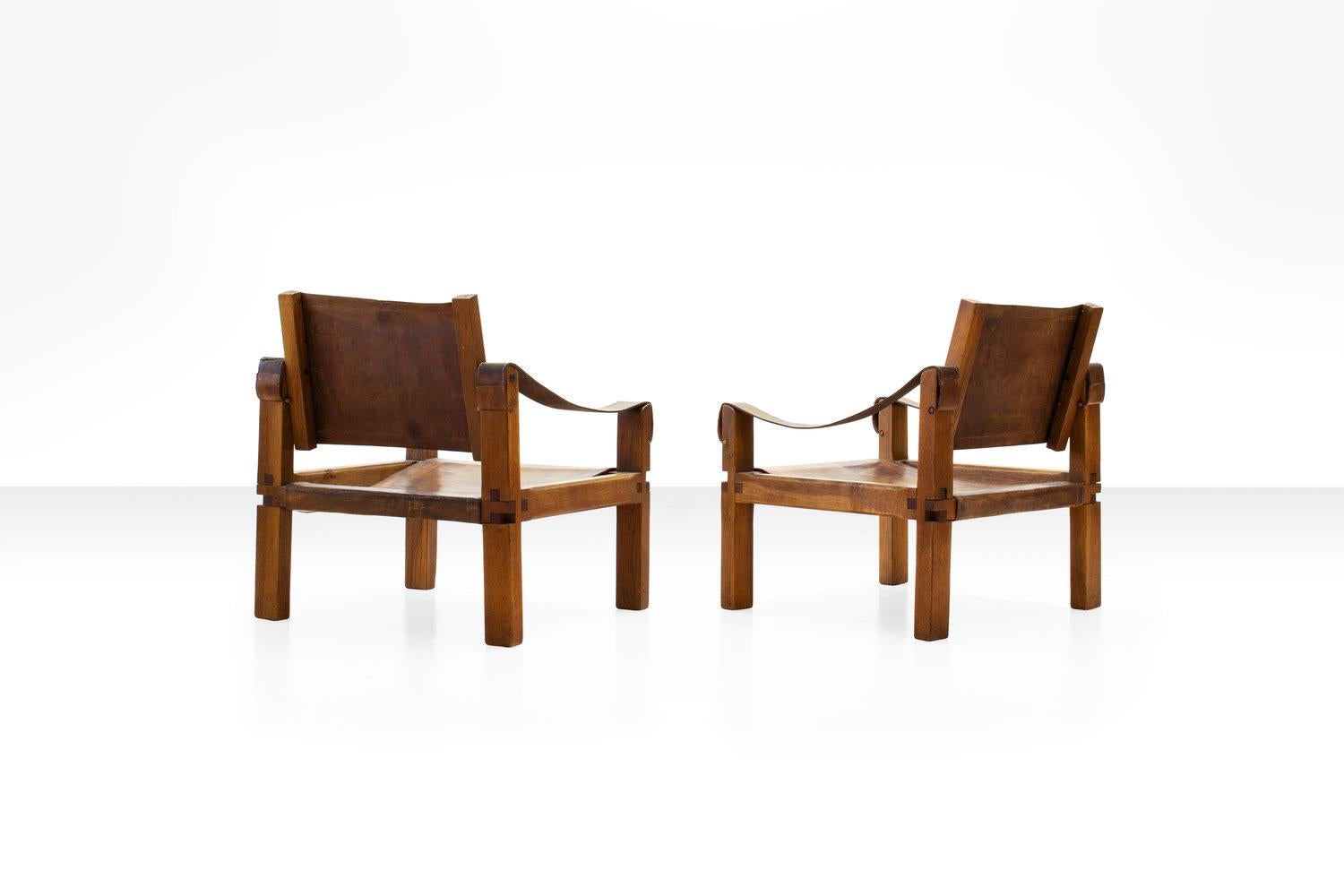 French Pair of Pierre Chapo S10 Easy Chairs in Cognac Leather and Oak, France 1960s