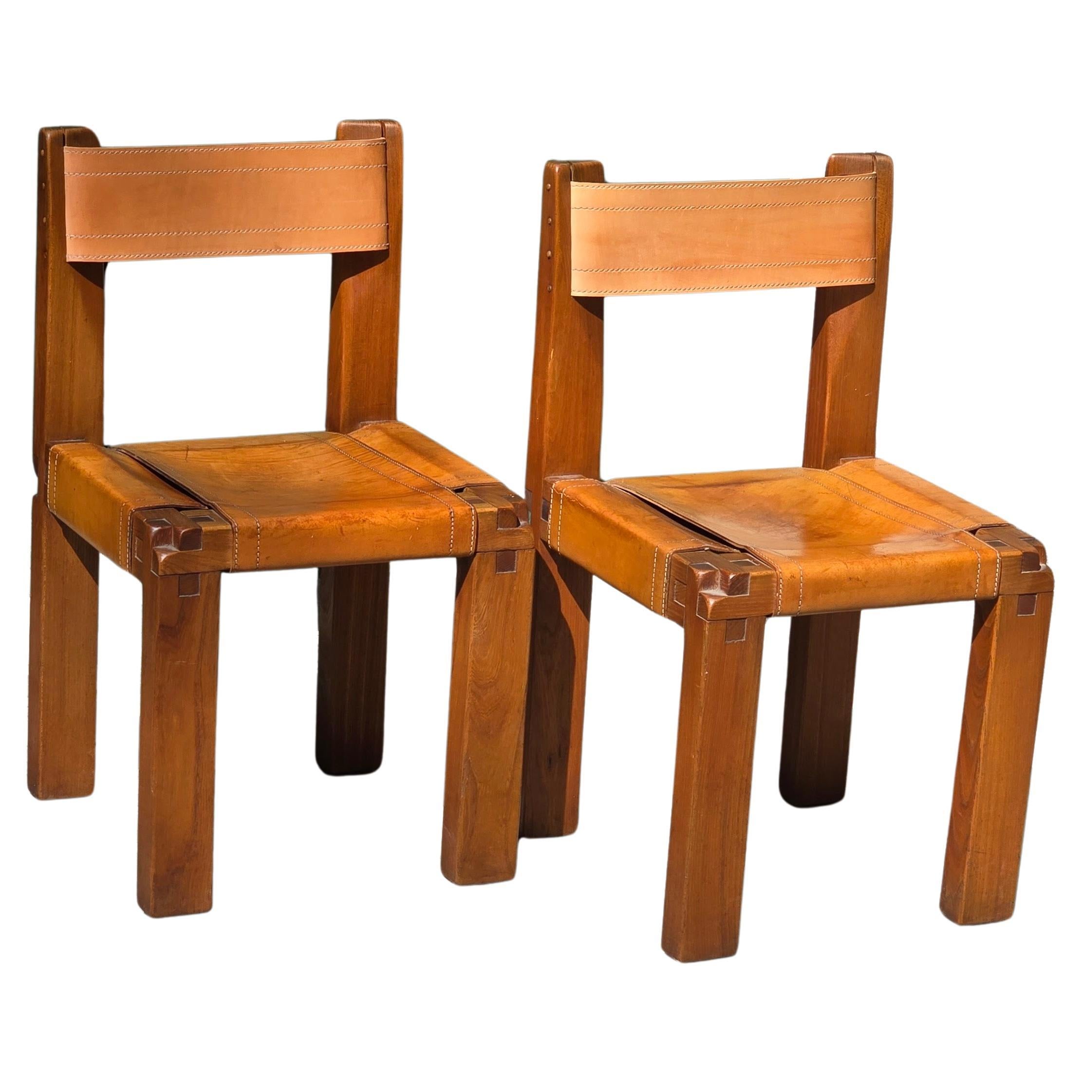 Paire de chaises S11 Pierre Chapo en orme et cuir, France, années 1960