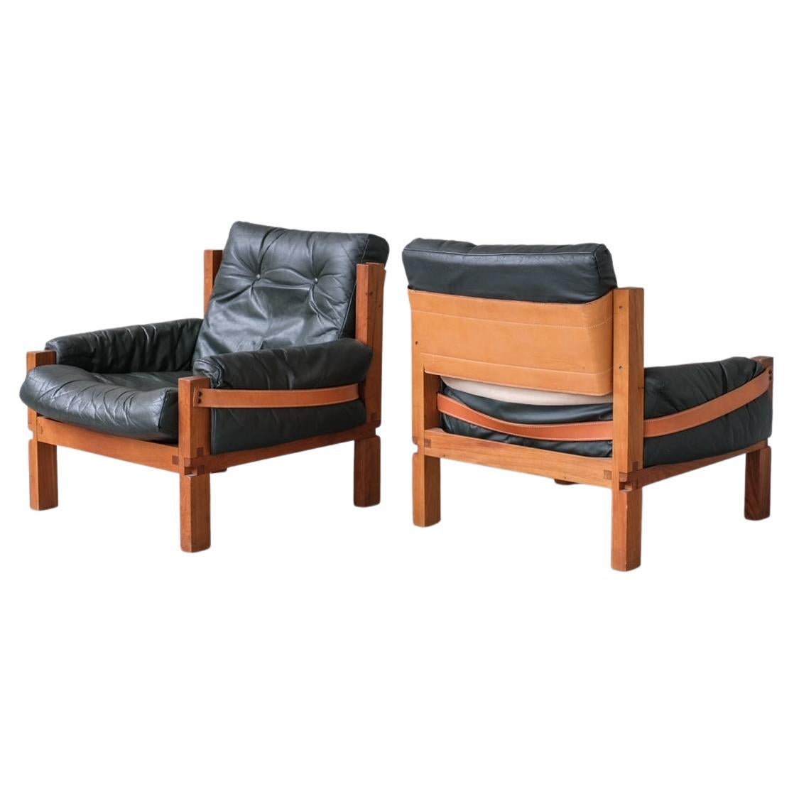 Pair of Pierre Chapo S15 Leather Mid-Century Elm Armchairs