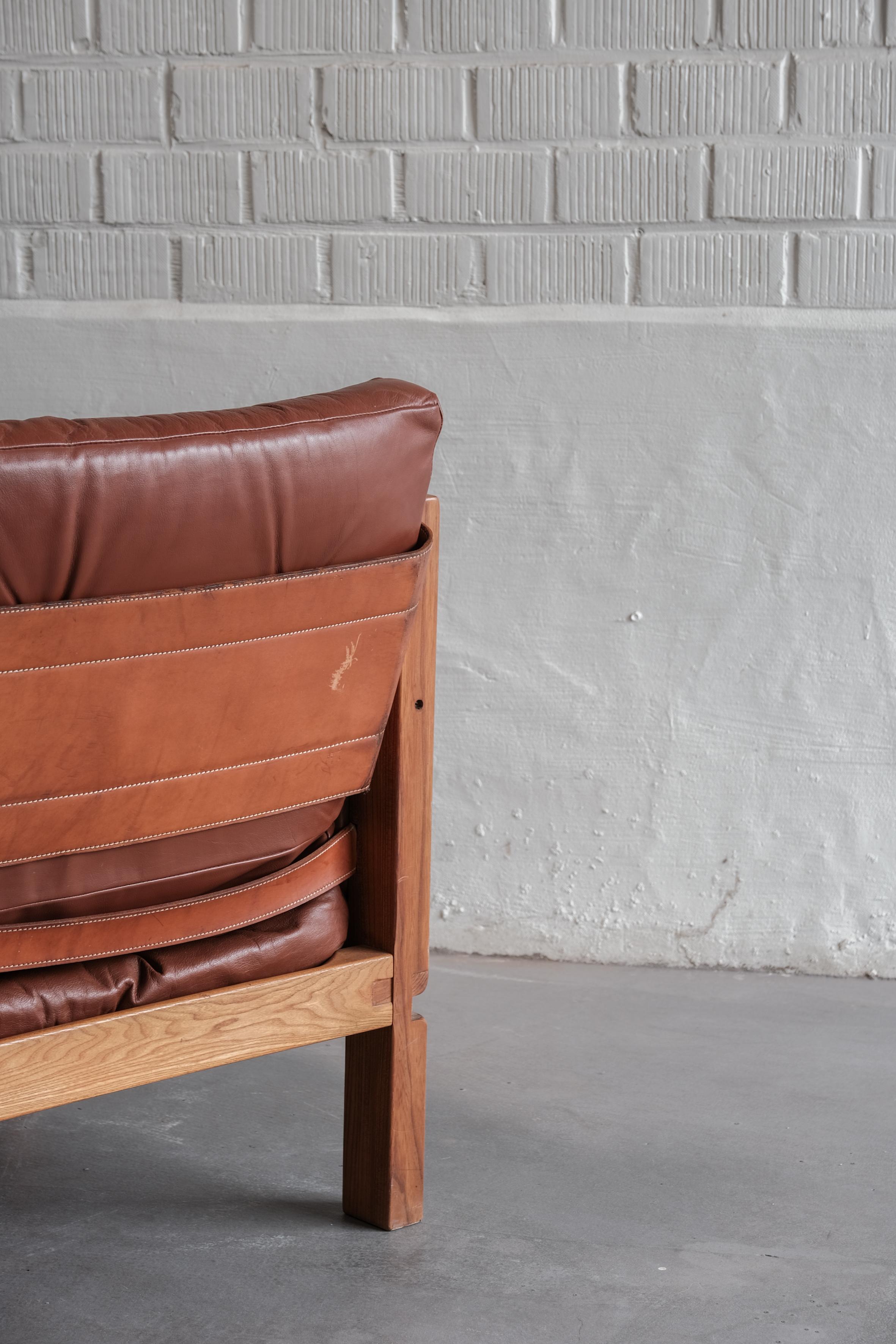 French Pair of Pierre Chapo S15 Lounge chairs with elmwood and original Leather