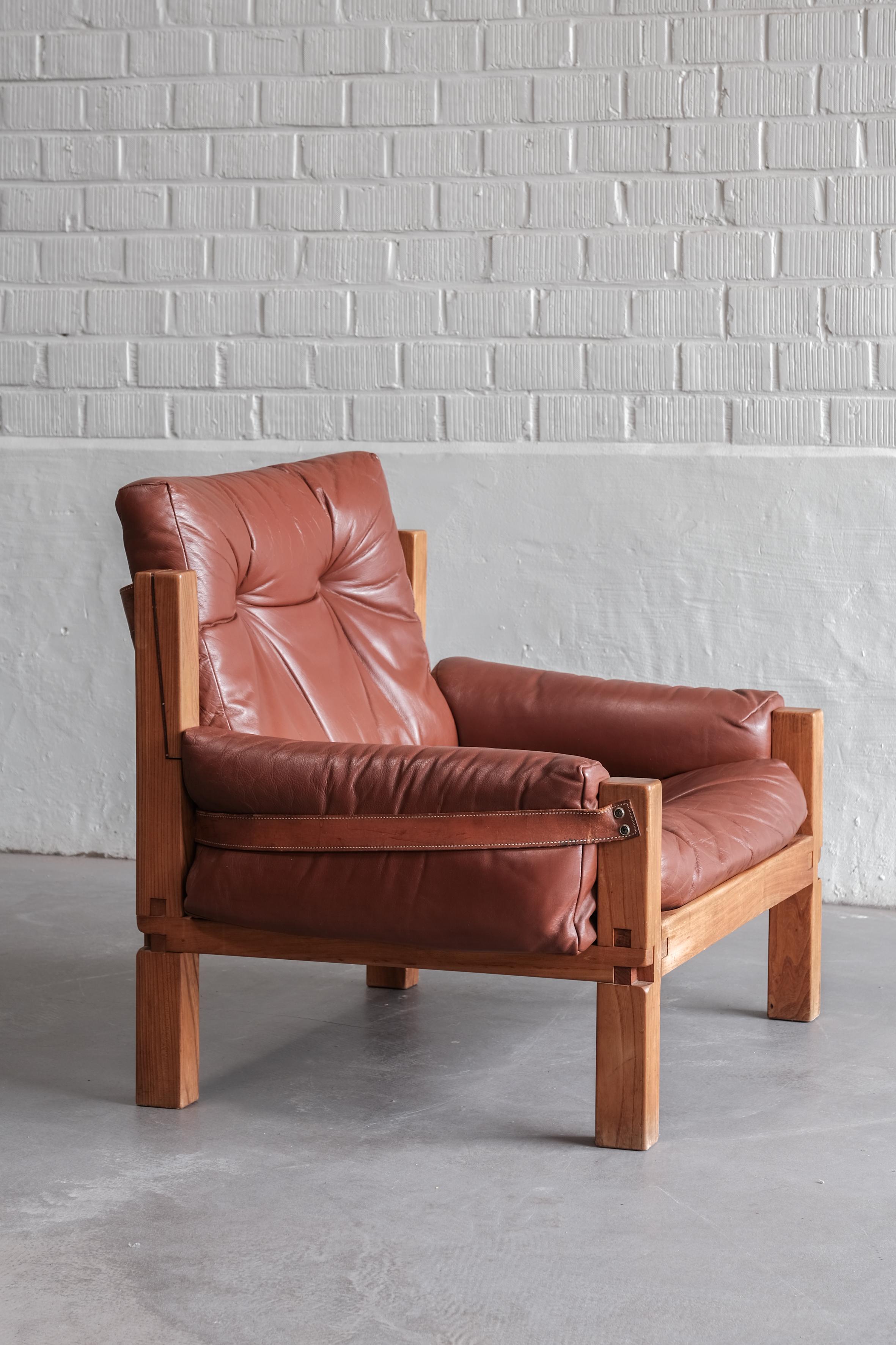 Pair of Pierre Chapo S15 Lounge chairs with elmwood and original Leather 1