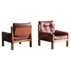 Paire de fauteuils de salon Pierre Chapo S15 en bois d'orme et cuir d'origine