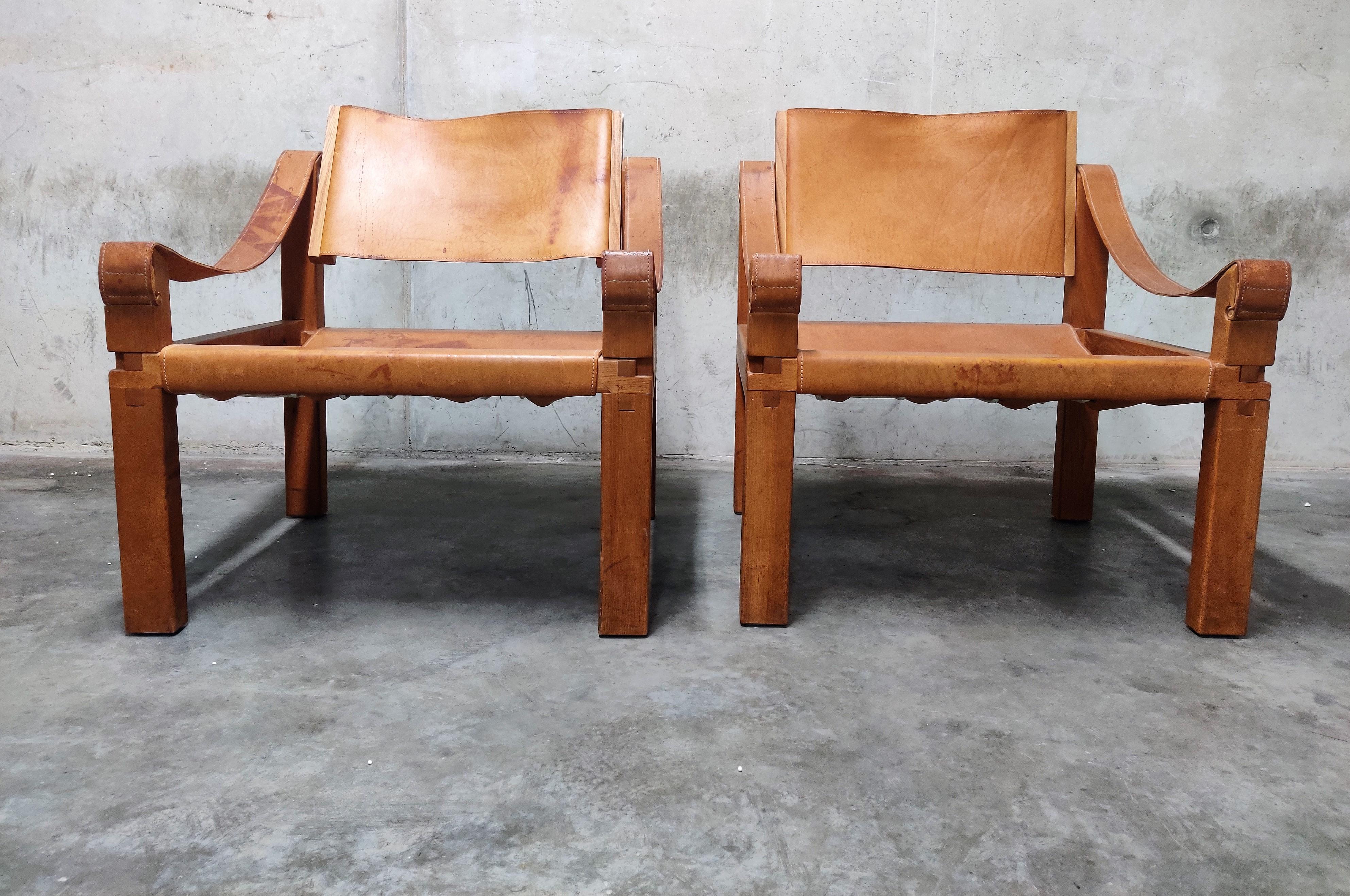 French Pair of Pierre Chapo Sahara S10 Easy Chairs in Cognac Leather and Oak, France