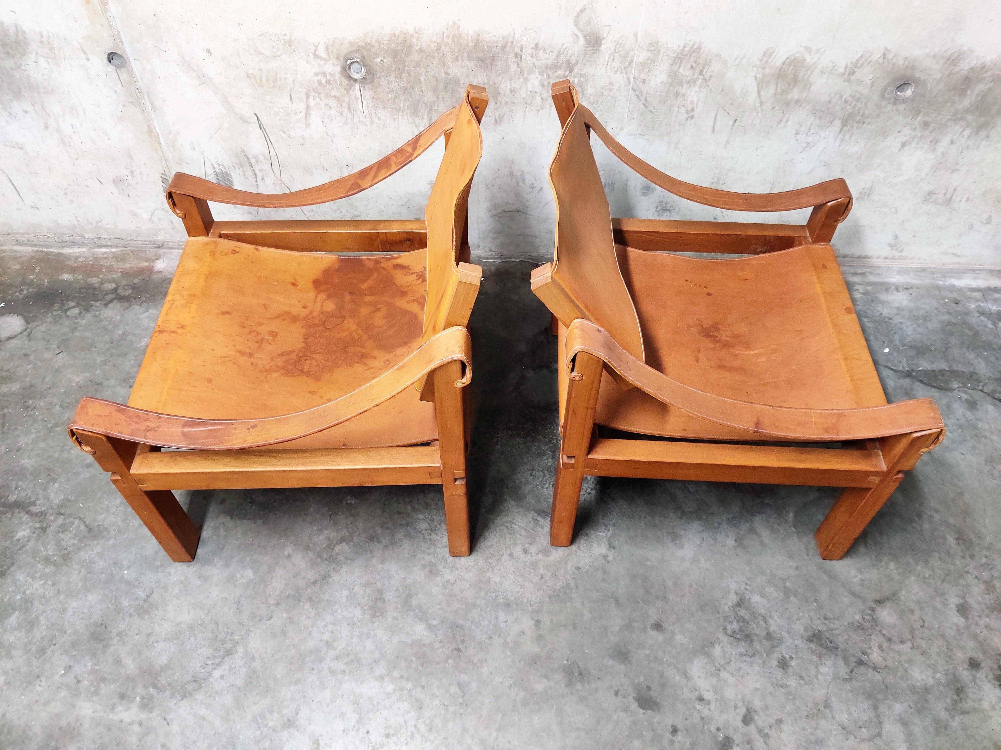 Mid-20th Century Pair of Pierre Chapo Sahara S10 Easy Chairs in Cognac Leather and Oak, France